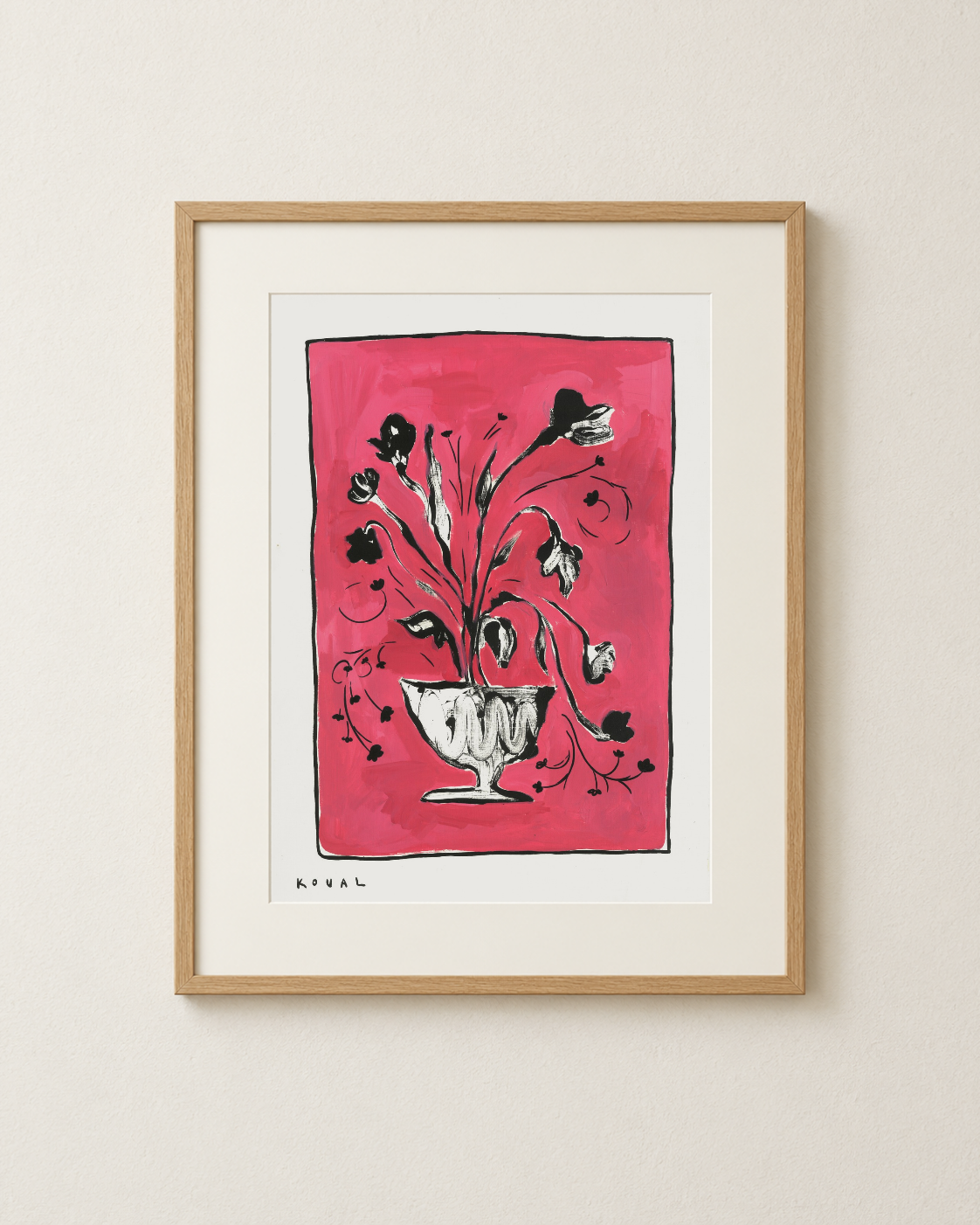 Pink Flowers in a Vase framed print in a thin oak frame with a white mat on a plain cream wall.