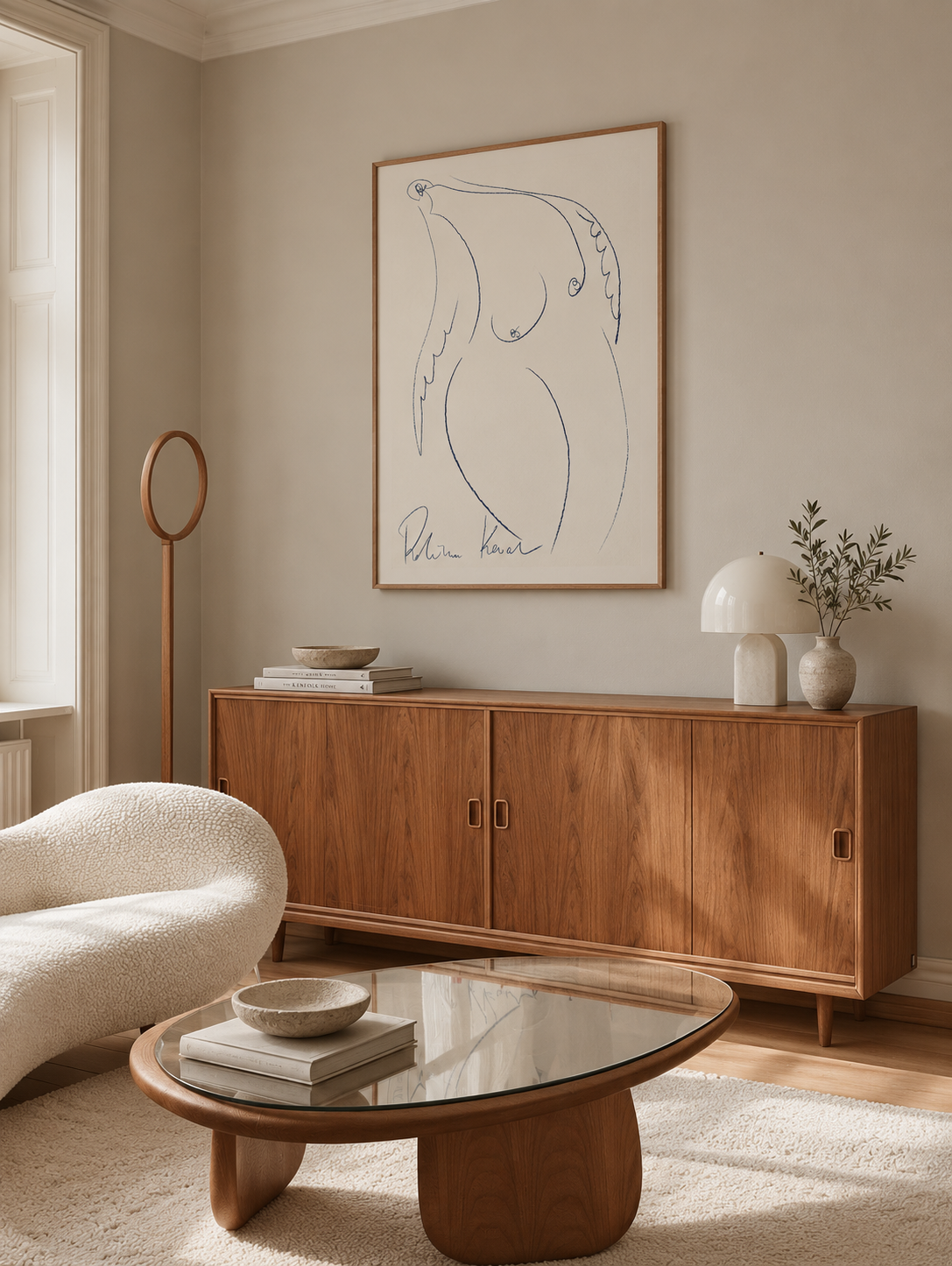 Framed "Blue Woman" line-art print hung above a walnut sideboard, styled in a warm neutral living room with a bouclé chair and round glass coffee table