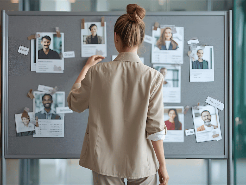 Junge Unternehmerin steht an einer Pinnwand mit Buyer Personas
