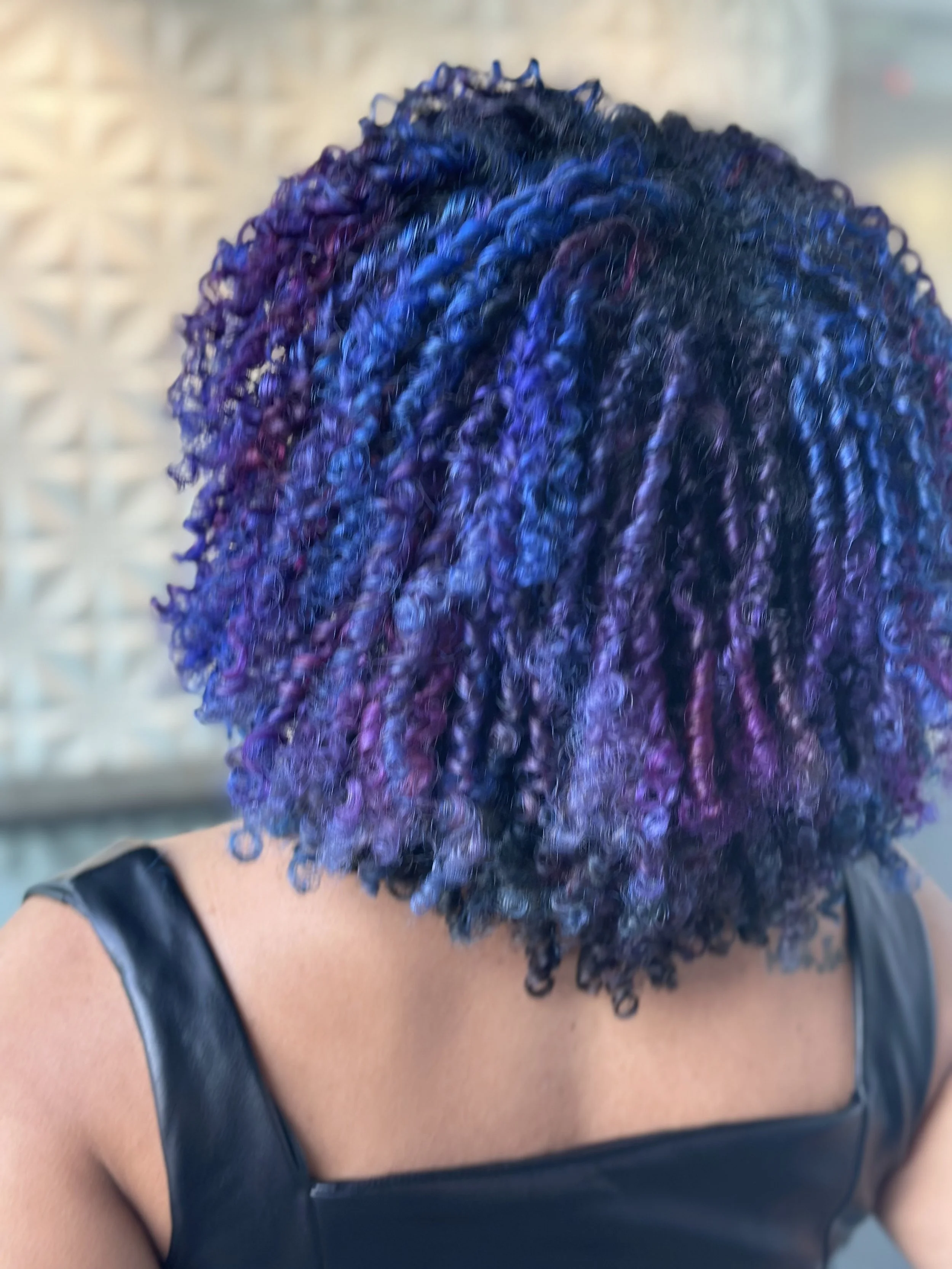 Back view of a person with curly, layered hair dyed in shades of blue and purple Danger Jones vivd by Jae Bee.