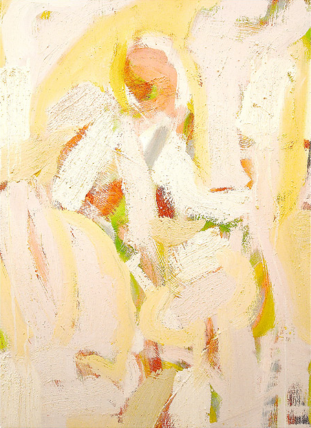 Abstract painting with pastel colors and light brushstrokes, depicting a figure with a blurred face and ambiguous form.