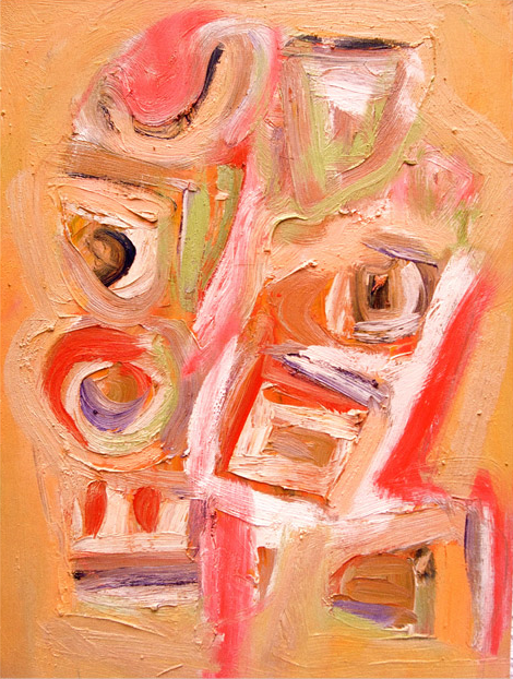 Abstract painting with swirling and rectangular brushstrokes in pink, orange, purple, and green on a beige background.