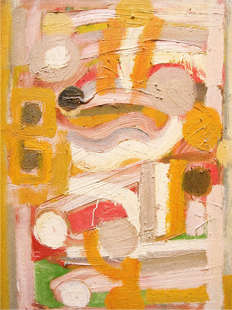 Abstract painting with curved lines, circles, and blocks in shades of yellow, pink, orange, cream, black, green, and red.