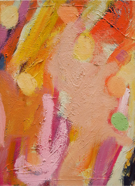 Abstract painting with pink, orange, yellow, purple, and green brushstrokes and textured surface.