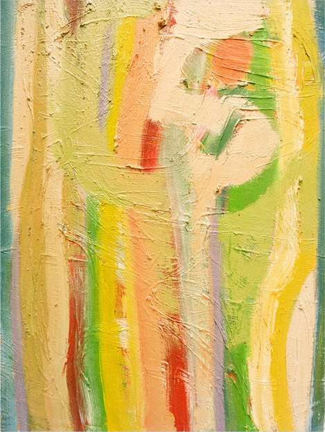 Abstract painting with thick brushstrokes in pastel shades of yellow, orange, pink, green, and cream.