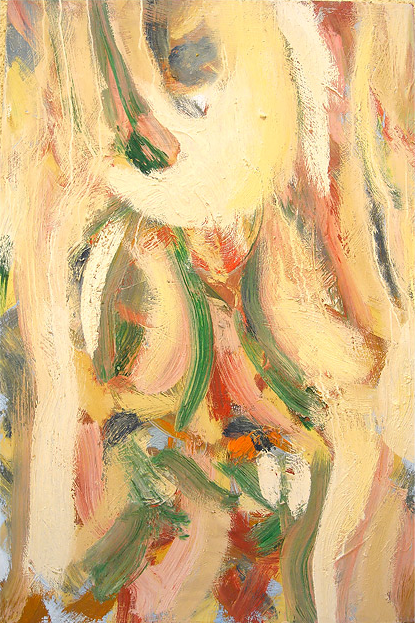 An abstract painting with broad brushstrokes, depicting a figure with green, red, and yellow hues, and some white and blue areas.