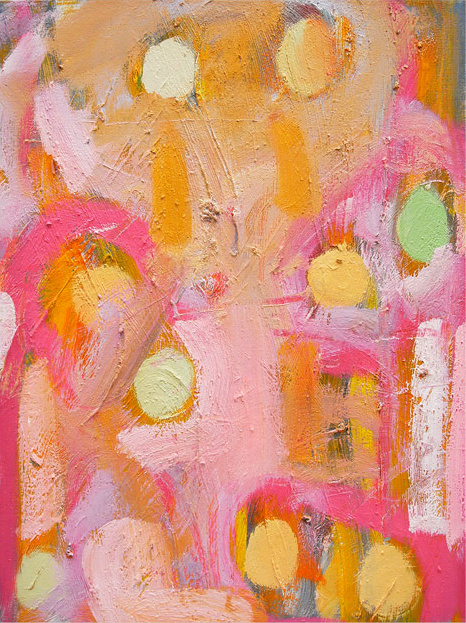 Abstract painting with peach, pink, green, and yellow colors, featuring circular shapes and loose brushstrokes.