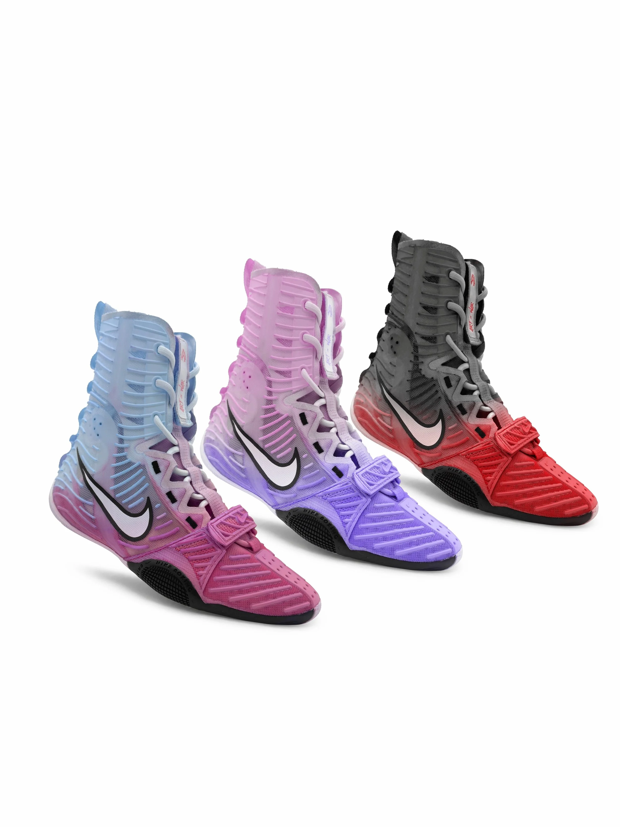 AOW Studio Colourways: Ombre Pack.

&bull; Cotton Candy
&bull; Orchid
&bull; Ember

Gradient reinterpretations of the HyperKO 3 through the Art of War lens, exploring colour transitions and layered tones rarely seen within boxing footwear.

Three col