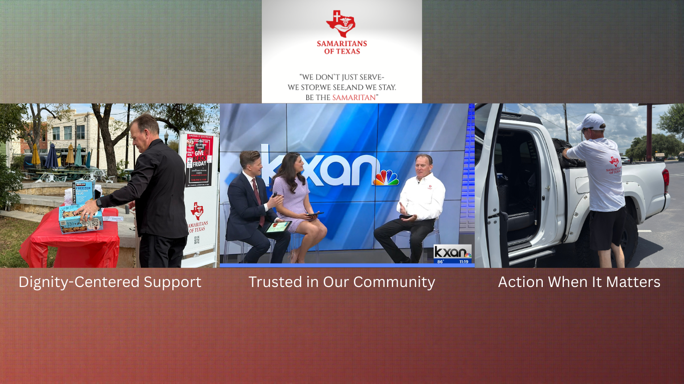 A collage of three images showing volunteers engaged in community service activities for Samaritans of Texas, with the organization’s logo and mission statement.