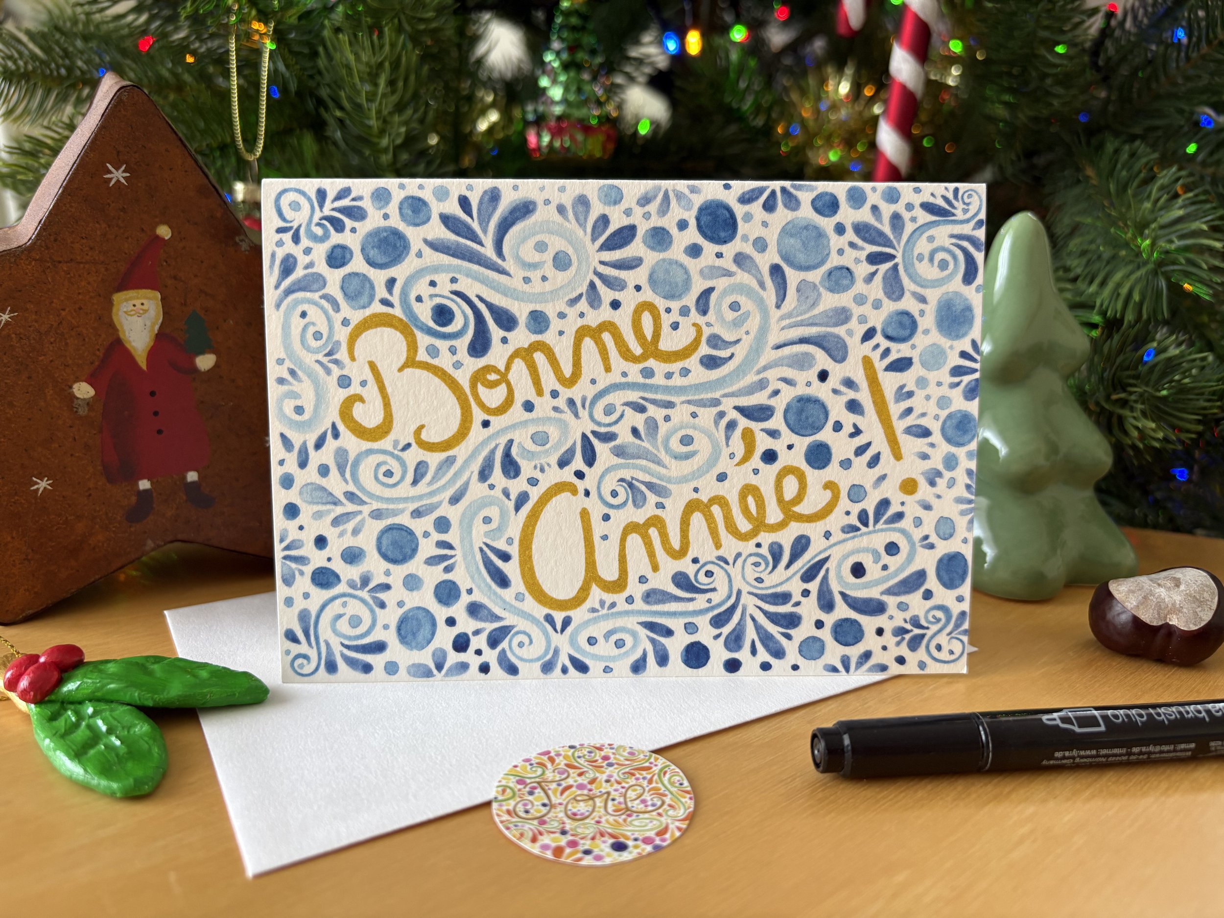 Carte "Bonne Année" avec son enveloppe et son autocollant "Joie"