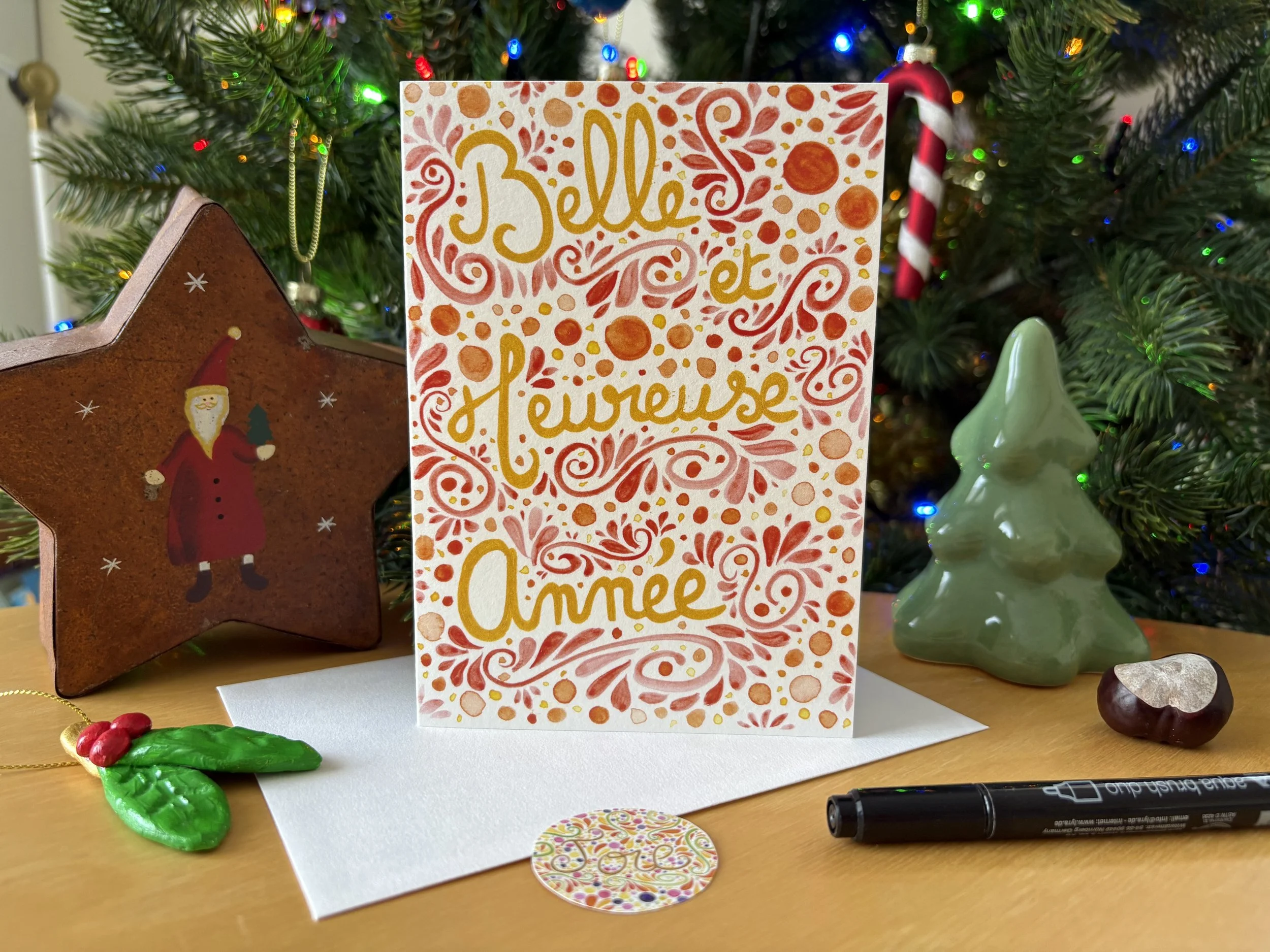 Carte "Belle et Heureuse Année" avec son enveloppe et son autocollant "Joie"