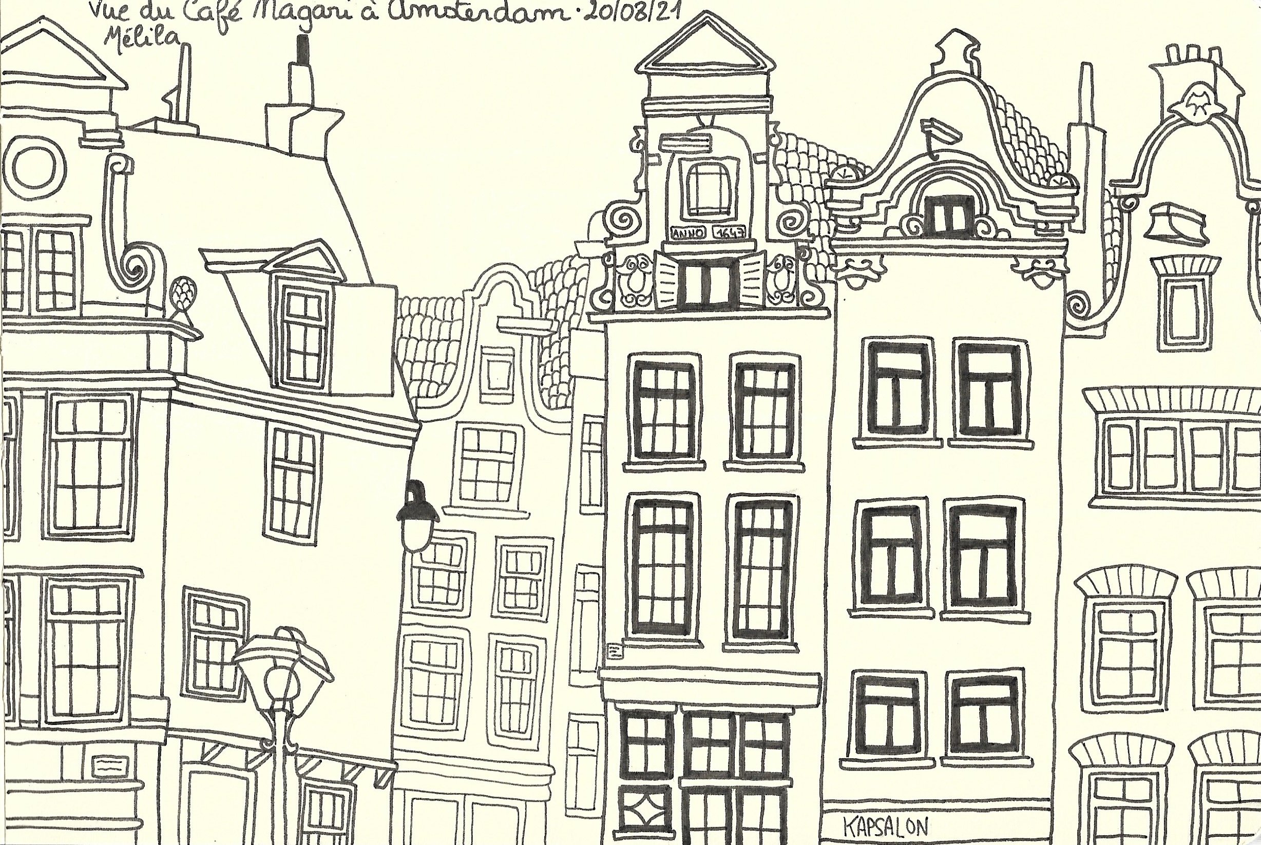 "Vue du café Magari à Amsterdam", croquis de Mélila Victoria, écrivaine, peintre et linograveuse française