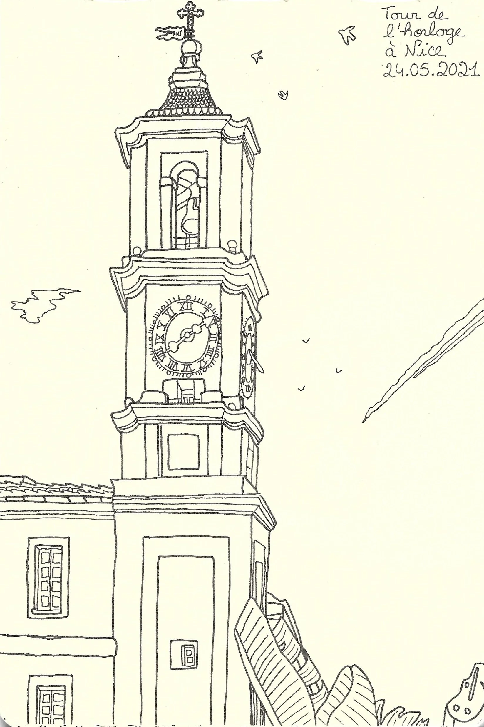 "Tour de l'horloge de Nice", croquis de Mélila Victoria, écrivaine, peintre et linograveuse française