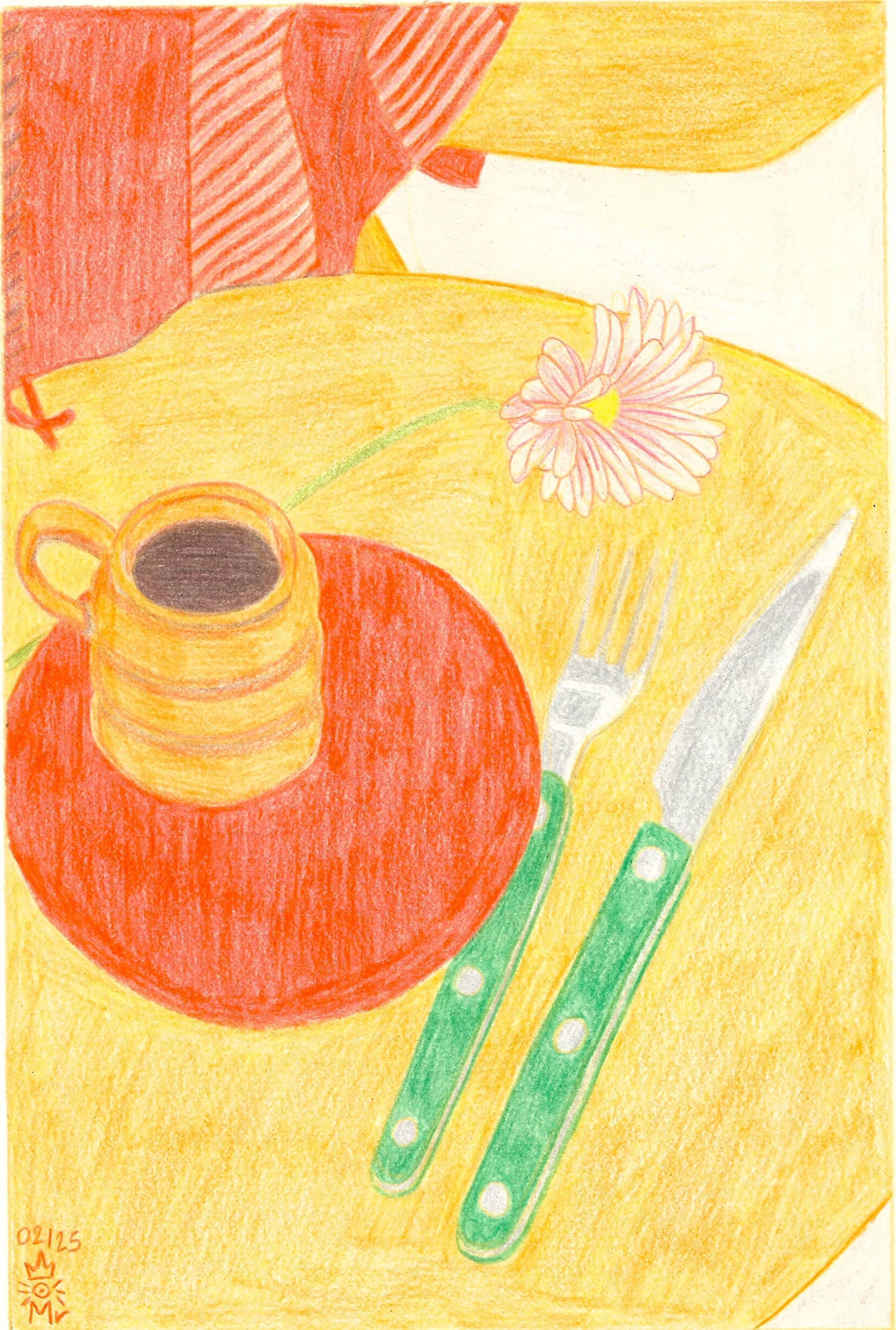 "Café latté", illustration de Mélila Victoria, écrivaine, peintre et linograveuse, inspirée d'une photo de campagne de communication de la marque Make My Lemonade