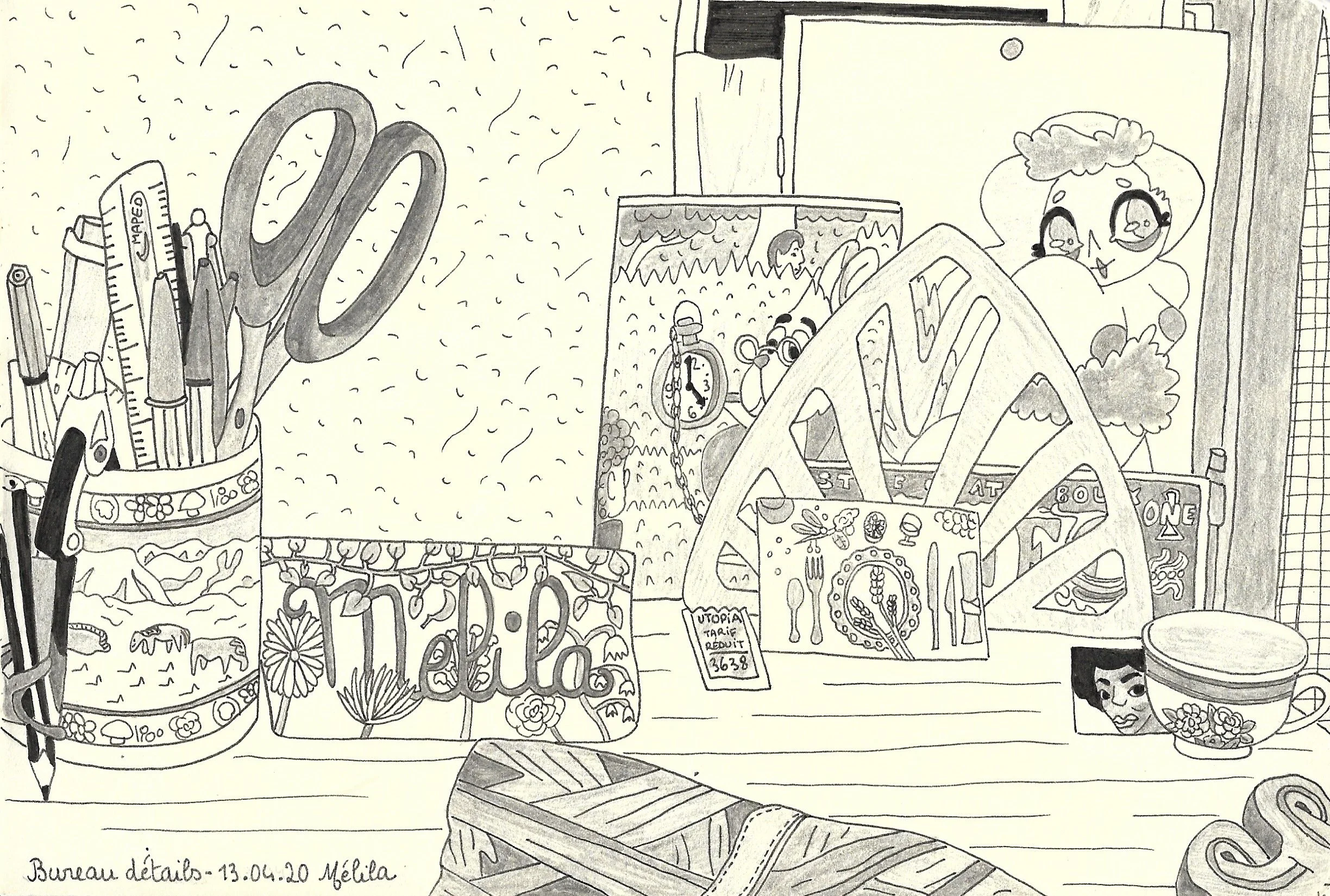 "Bureau, détails", croquis de Mélila Victoria, écrivaine, peintre et linograveuse française