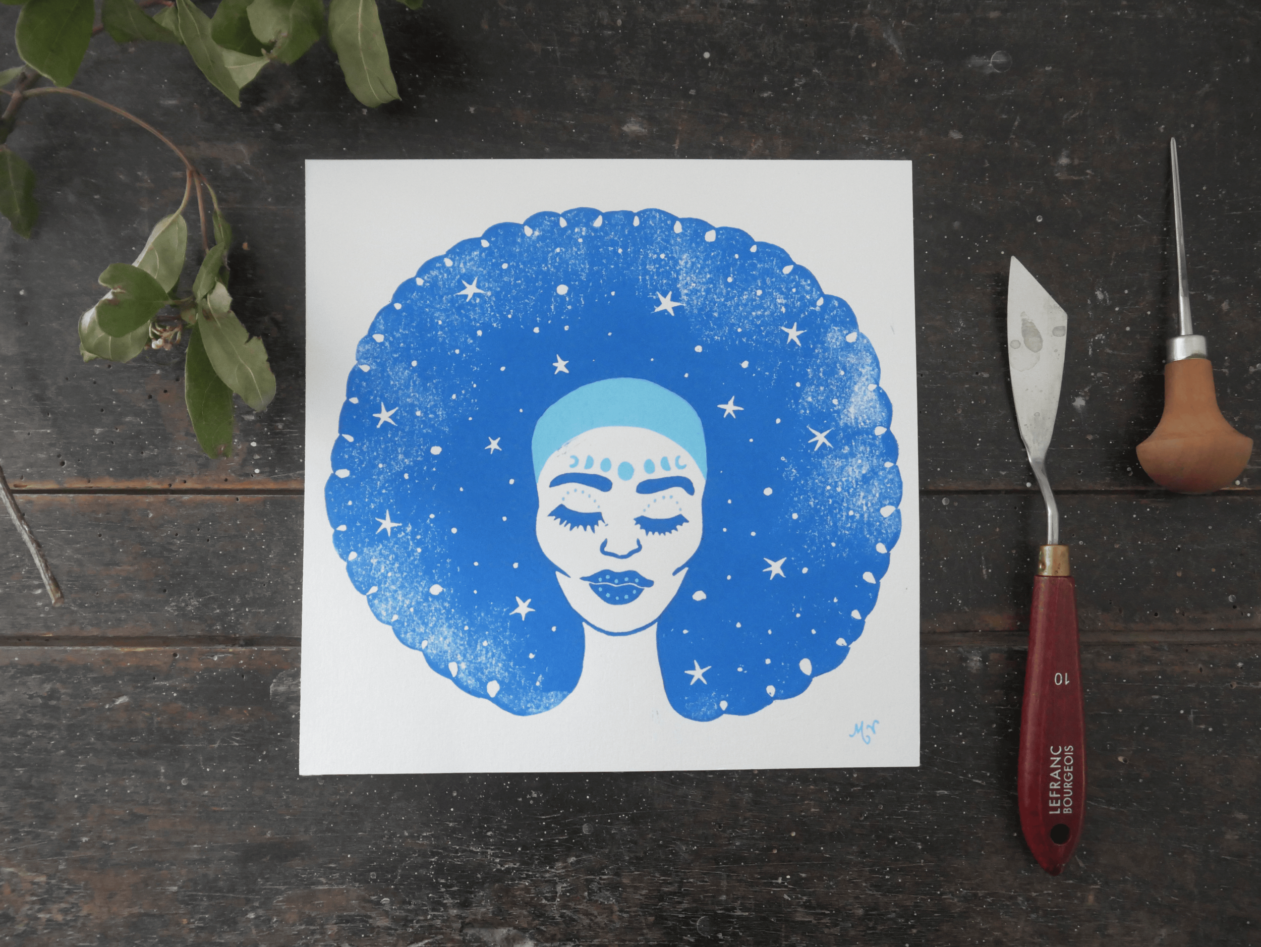 "La Lune", linogravure réalisée par Mélila Victoria, écrivaine, peintre et linograveuse française