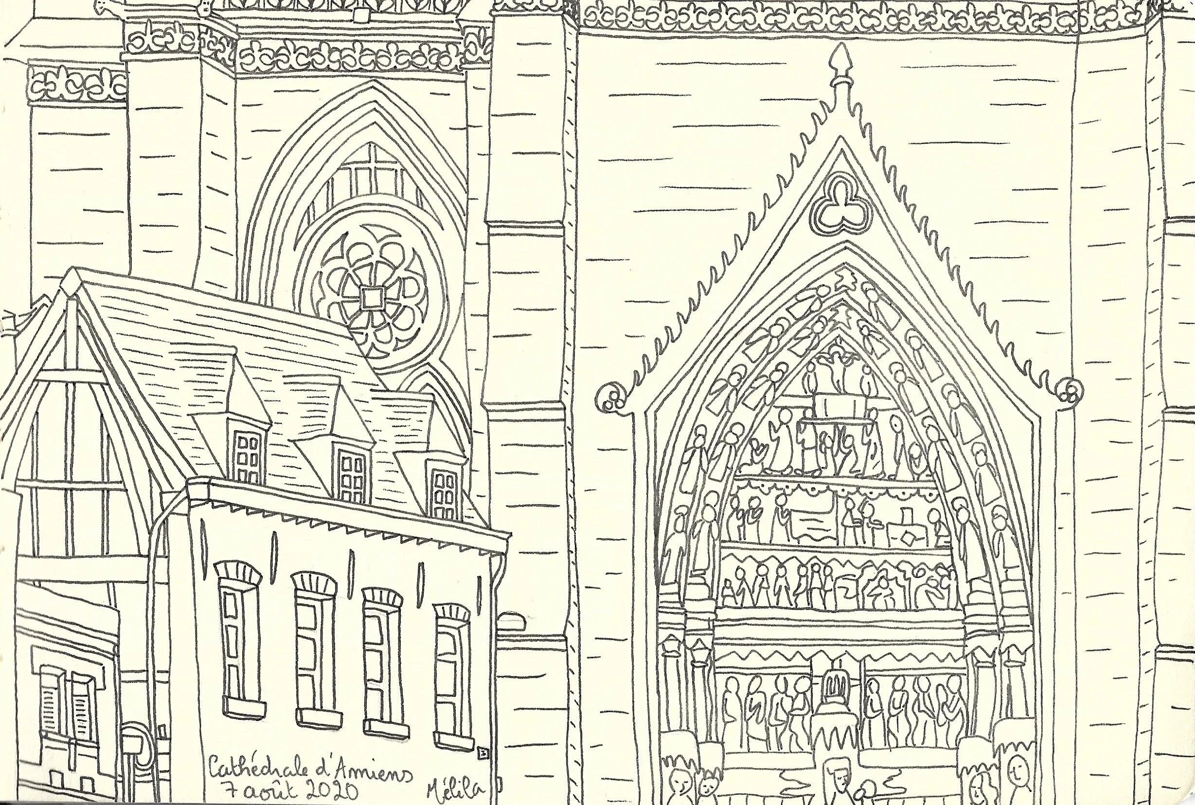 "Cathédrale d'Amiens", croquis de Mélila Victoria, écrivaine, peintre et linograveuse française