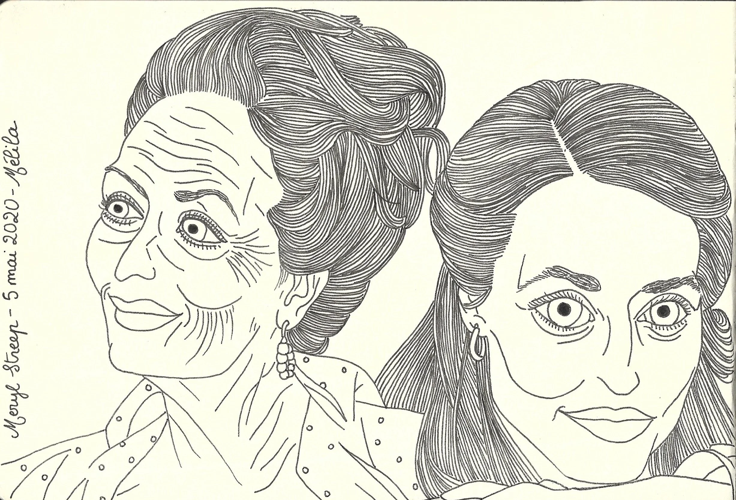 "Meryl Streep", croquis de Mélila Victoria, écrivaine, peintre et linograveuse française