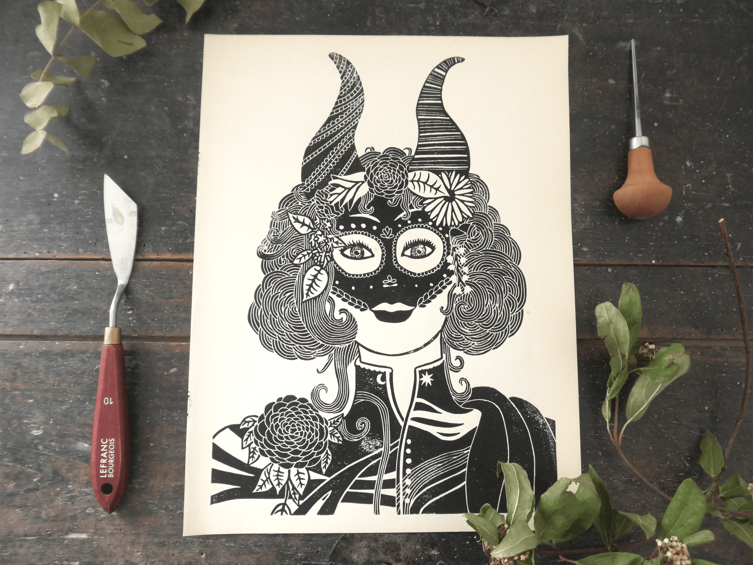 "Mère Nature", linogravure réalisée par Mélila Victoria, écrivaine, peintre et linograveuse française