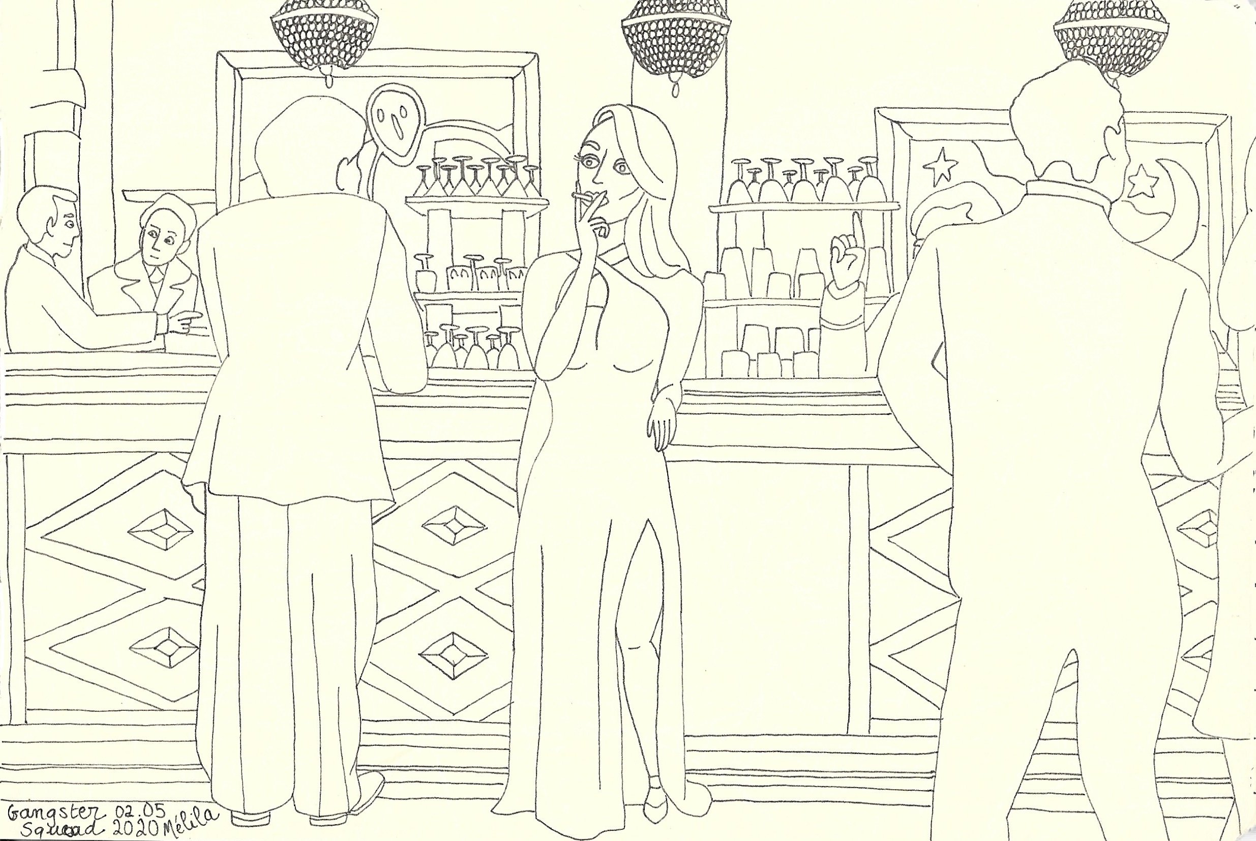 "Ganster Squad", croquis de Mélila Victoria, écrivaine, peintre et linograveuse française