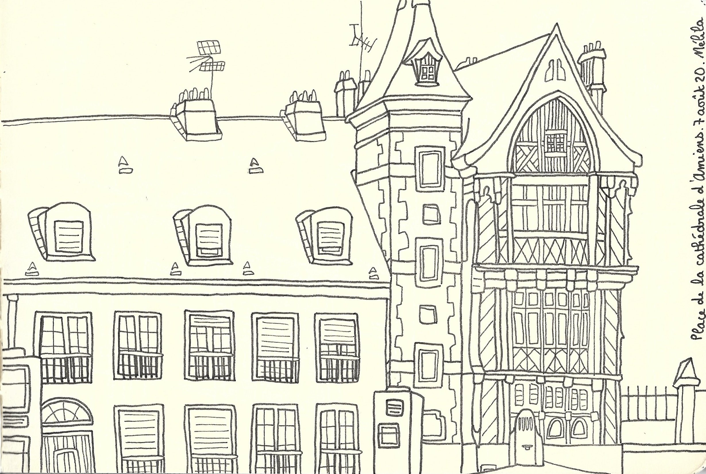 "Place de la cathédrale d'Amiens", croquis de Mélila Victoria, écrivaine, peintre et linograveuse française