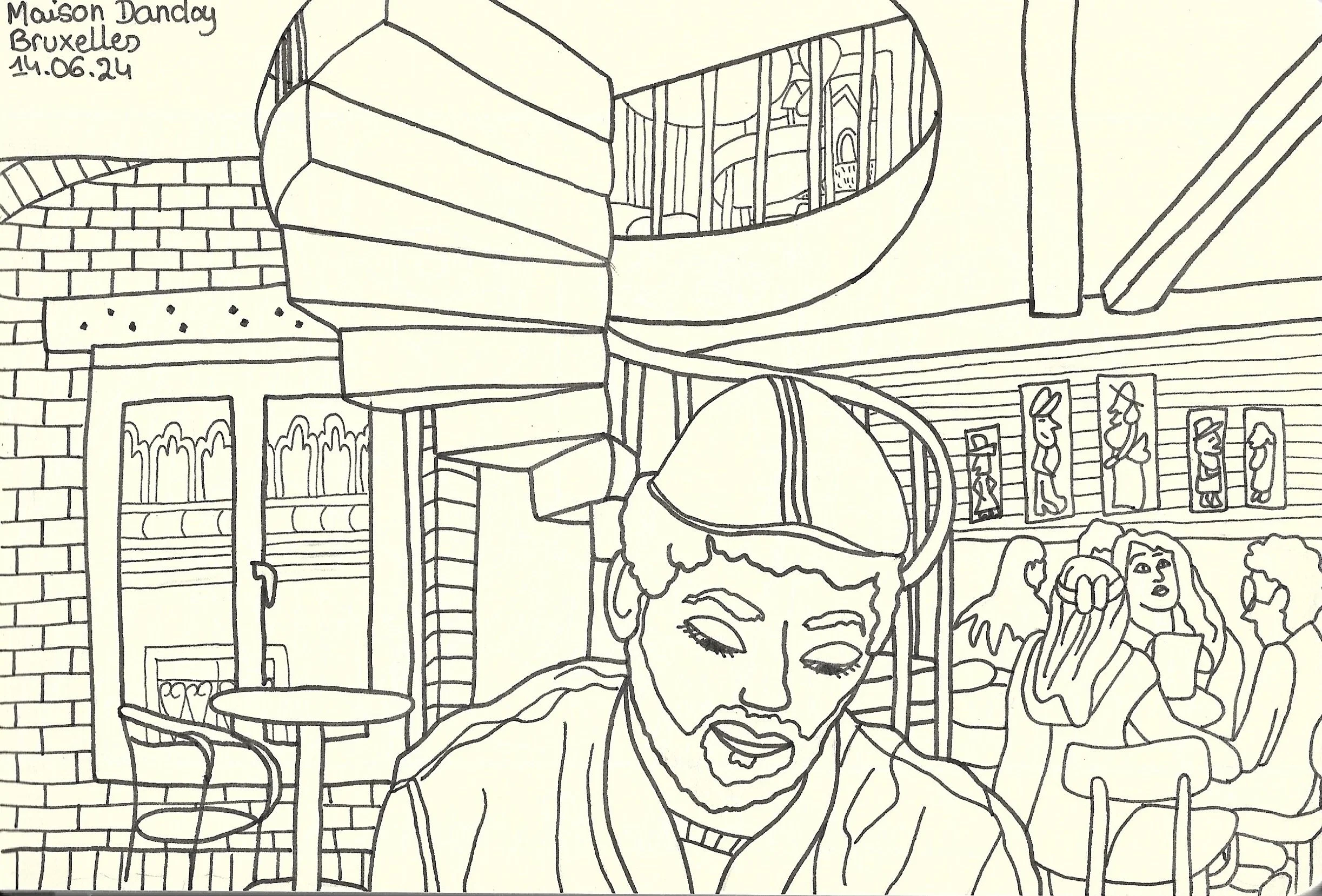 "Maison Dandoy à Bruxelles", croquis de Mélila Victoria, écrivaine, peintre et linograveuse française