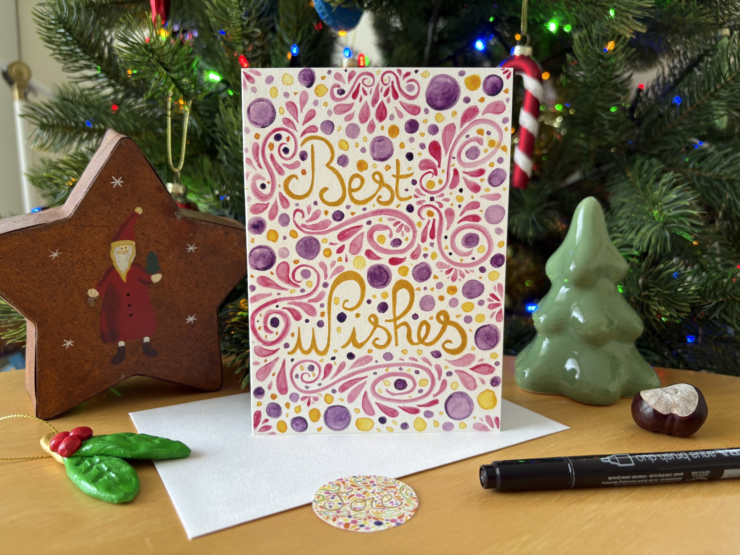 Carte "Best Wishes" avec son enveloppe et son autocollant "Joie"