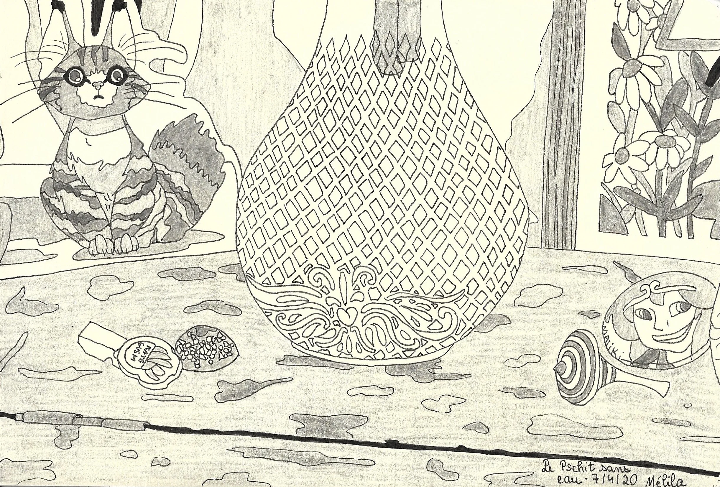 "Le Pschitt sans eau", croquis de Mélila Victoria, écrivaine, peintre et linograveuse française