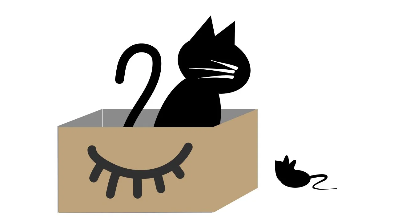 A cat sitting in an empty delivery box looks at a mouse on the floor, which looks back at the cat.