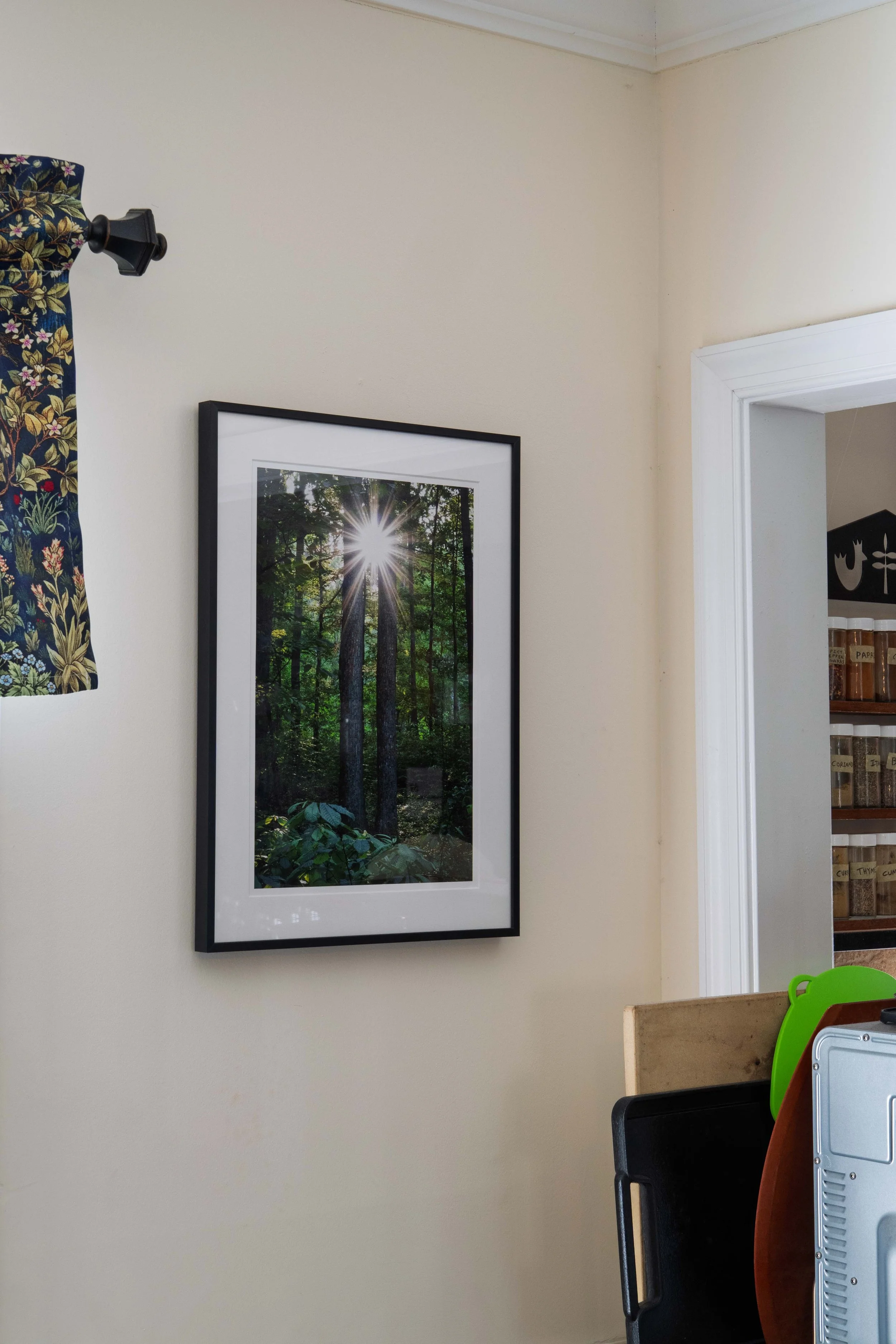 A framed picture hanging on the wall of a sunburst shining through large twin trees in a forest.