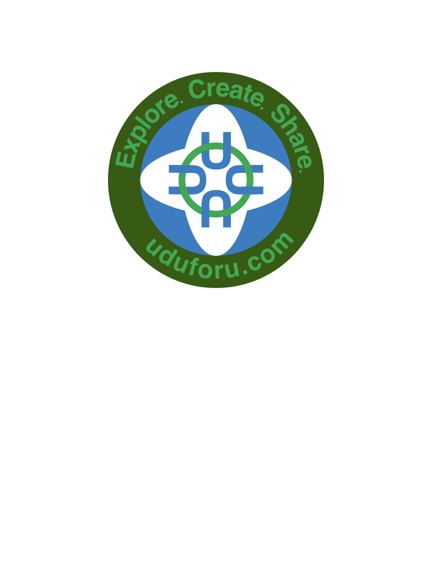 	
The text "Explore. Create. Share." on top, and "uduforu.com" at the bottom of a round logo. Inside is a blue background with a white, flower-like shape, and in its center is a green circle with four blue U-shapes in an interwoven cross pattern.