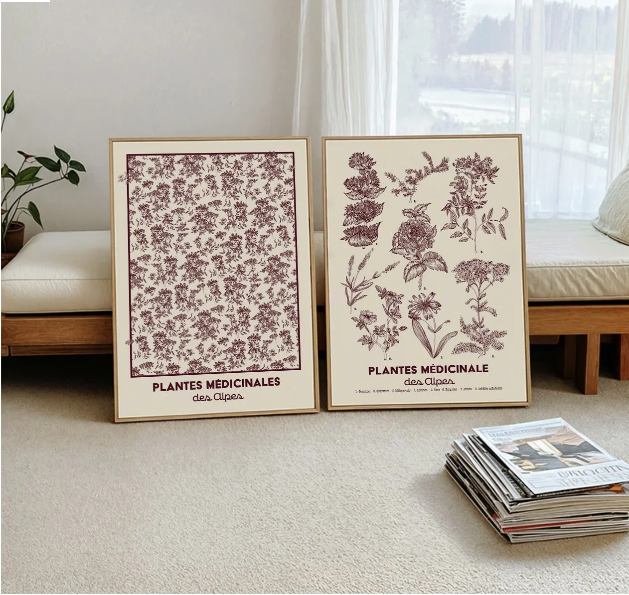 Lot de 2 affiches A3 – Planche botanique & motif – Plantes médicinales des Alpes