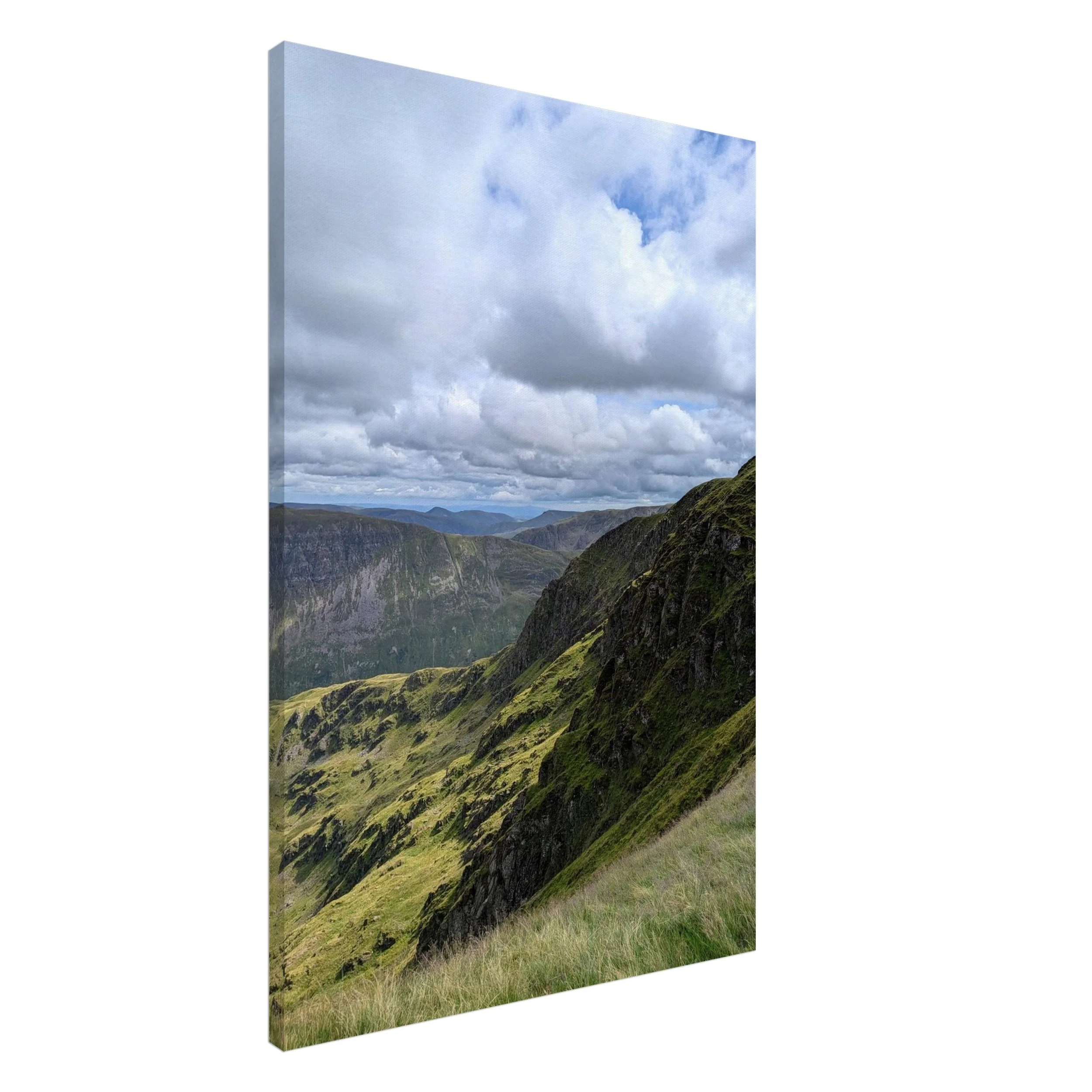 Sunlit ridges and sheer drops between Helvellyn and Nethermost Pike. A striking Lake District mountain print that captures wild beauty and stillness.