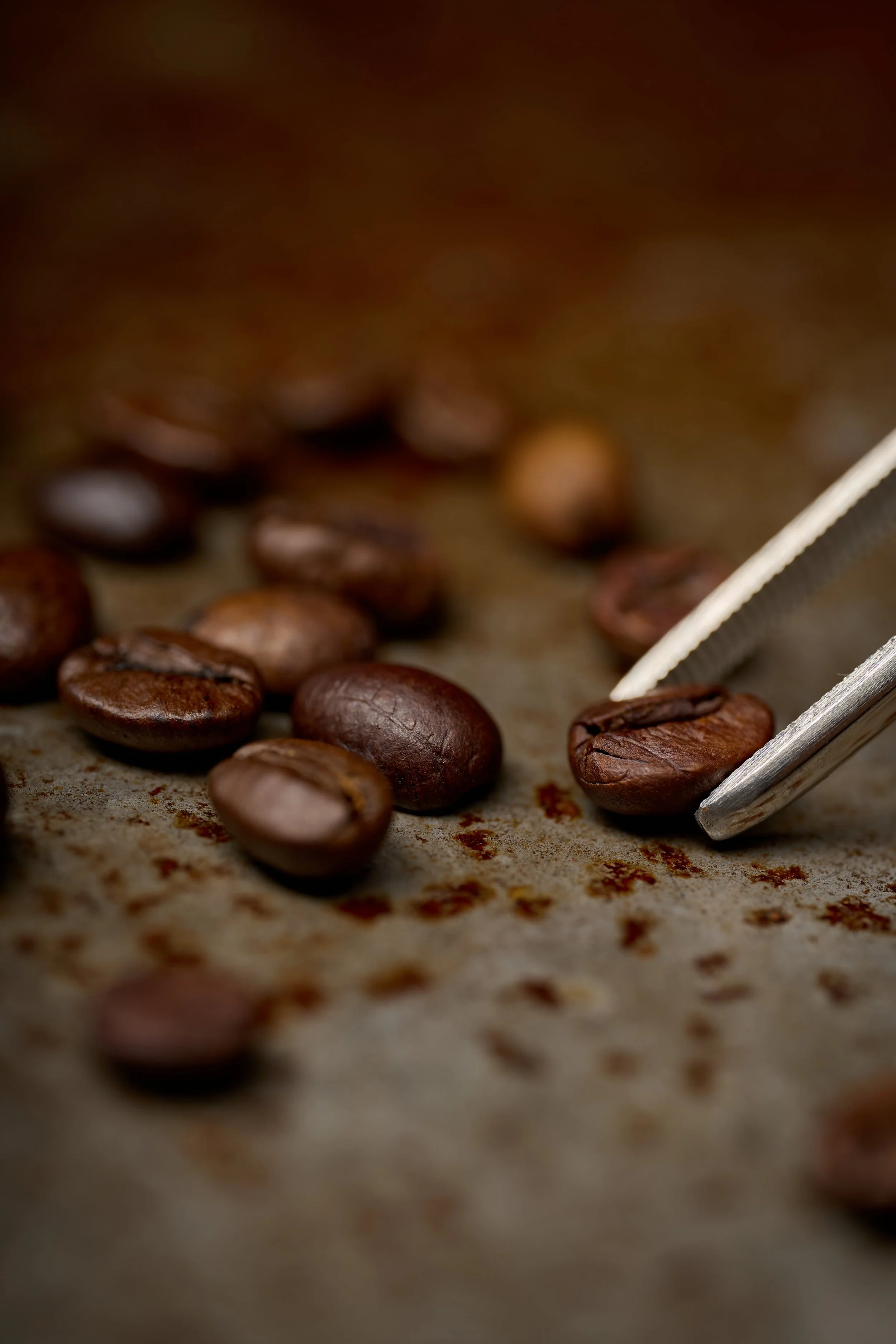 Grains de café bruns sur une surface, avec une cuillère en métal à côté.