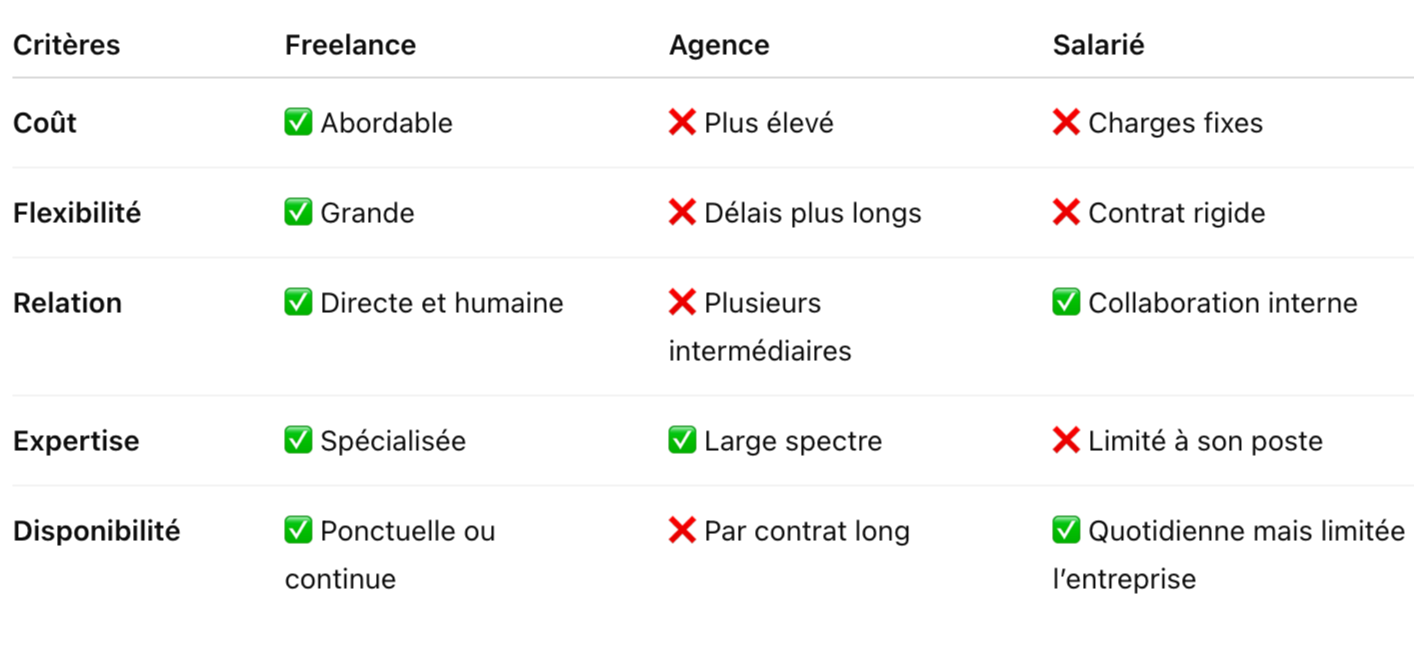 Table comparant les critères entre Freelance, Agence et Salarié, incluant Coût, Flexibilité, Relation, Expertise et Disponibilité, avec des symboles verts pour positif et rouges pour négatif.