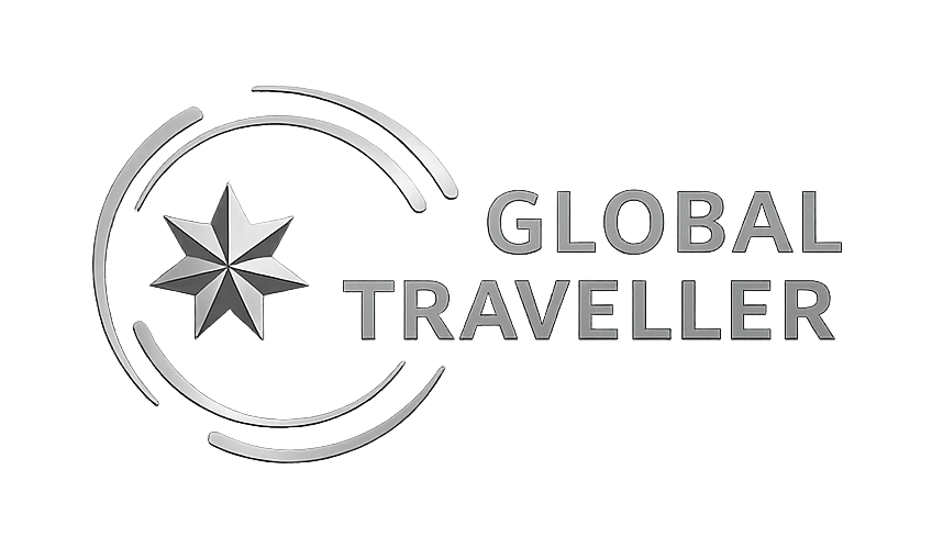 Logo for Global Traveller featuring a star within crescent shapes and the text 'Global Traveller'