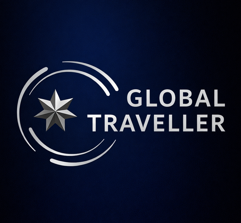 Logo with a compass design and the words 'Global Traveller' on a dark blue background.