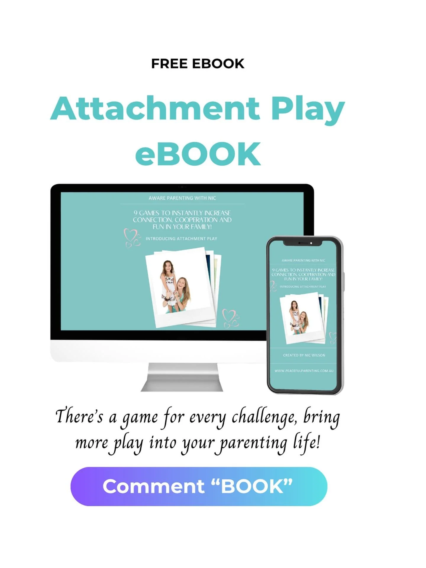 💜 Comment &ldquo;BOOK&rdquo; and I&rsquo;ll send you my free Attachment Play eBook.

Many parents are surprised to learn that Attachment Play is much more than simply being silly with your child. There are actually nine different forms of Attachment