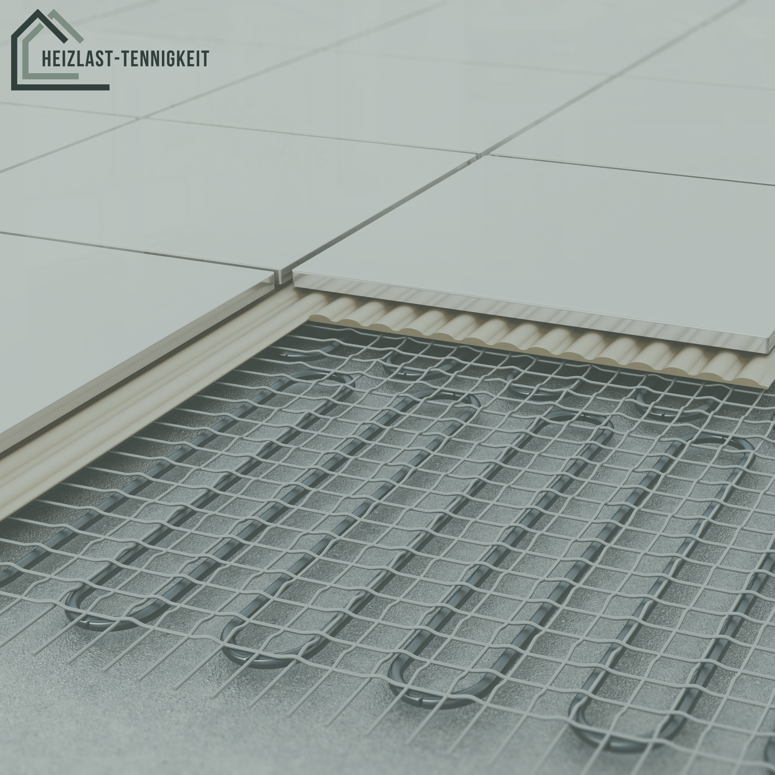 Illustration eines beheizten Fußbodens mit Heizdrähten, die in einem Gitter verlegt sind, darunter eine Dämmung und Fliesen. Das Bild zeigt die technische Installation der Fußbodenheizung.