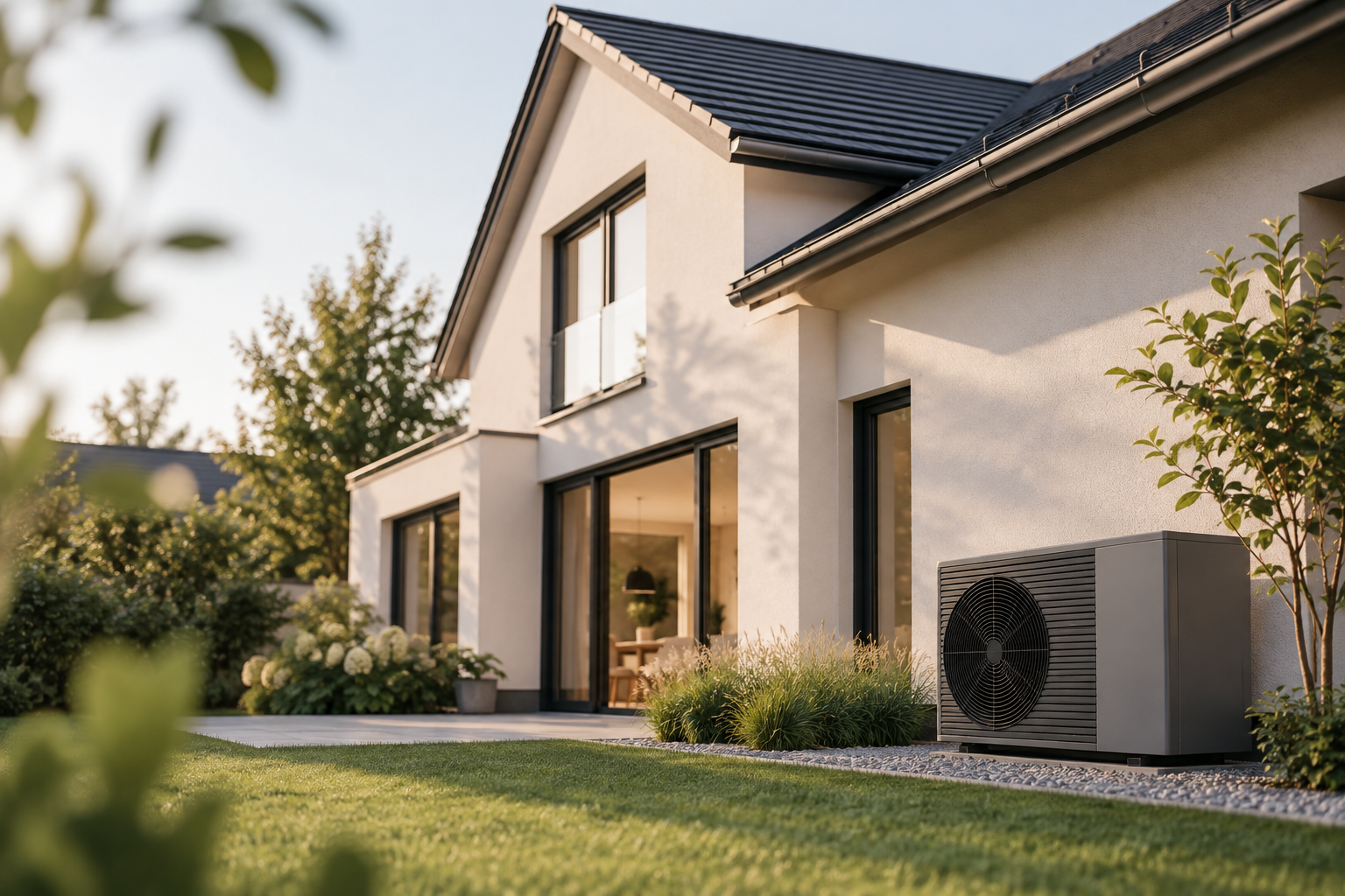 Modernes Einfamilienhaus mit Wärmepumpe als Beispiel für eine Heizlastberechnung nach DIN EN 12831