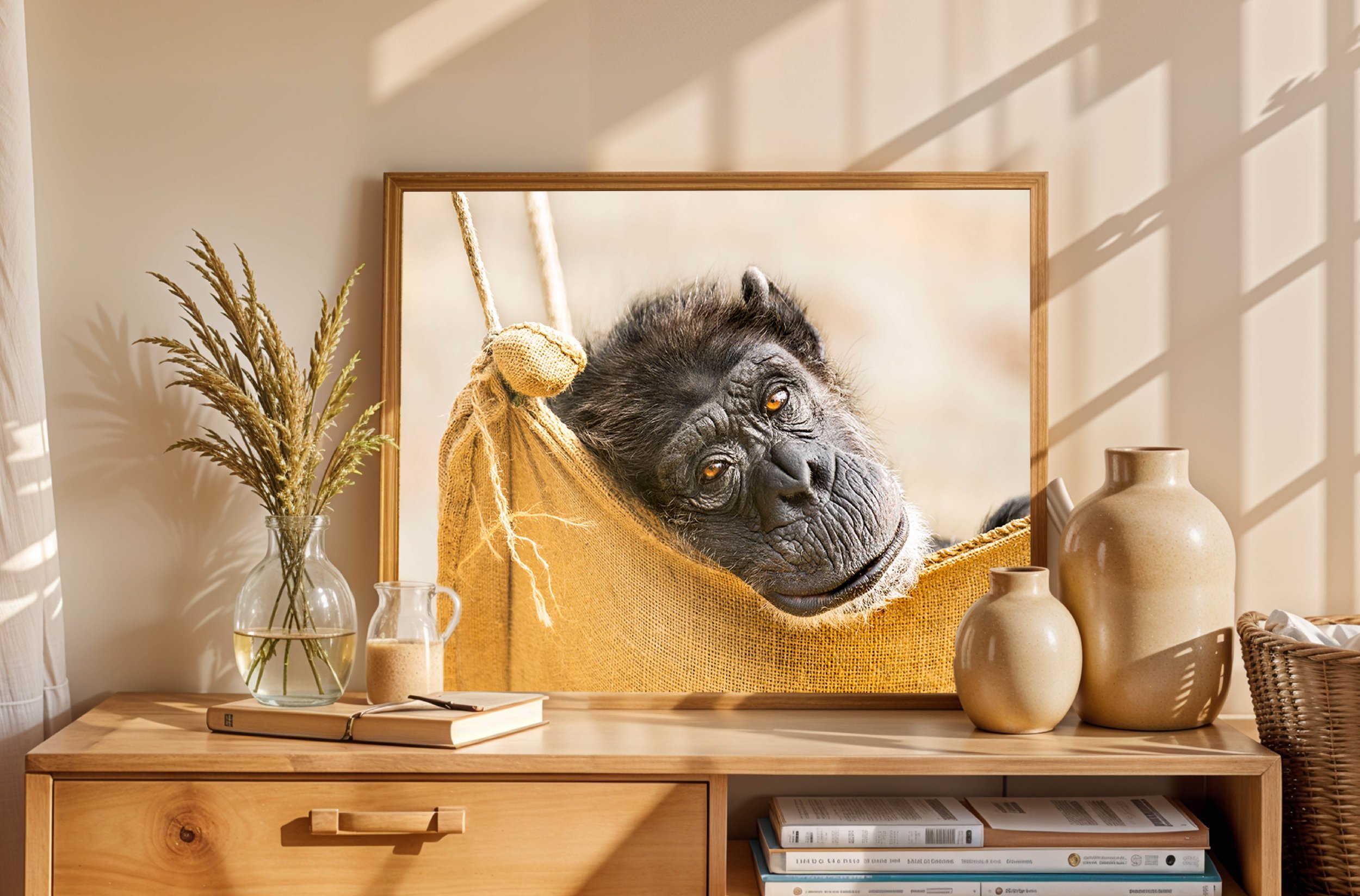 Doppelseite Portfolio. Wohnzimmerdekoration mit einem gerahmten Bild eines Schimpansen im gelben Tuch, Blumen im Glas und Keramikvase auf einem Holztisch, Sonnenlicht durch Fenster DAYDREAMER Fotografie von SPIRIT ANIMAL by Aless.