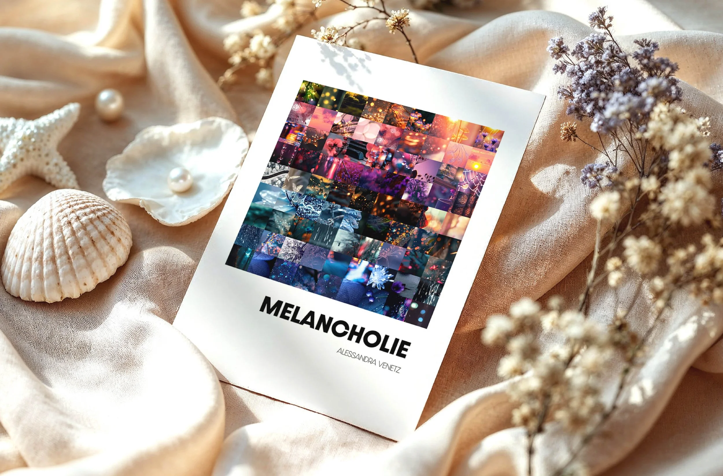 Doppelseite vom Portfolio. Cover eines Buches mit dem Titel 'Melancholie' von Alessandra Venetz, umgeben von Muscheln, Perlen und getrockneten Blumen auf Seidentuch. Arbeit von der MOOD PICTURES-Serie.