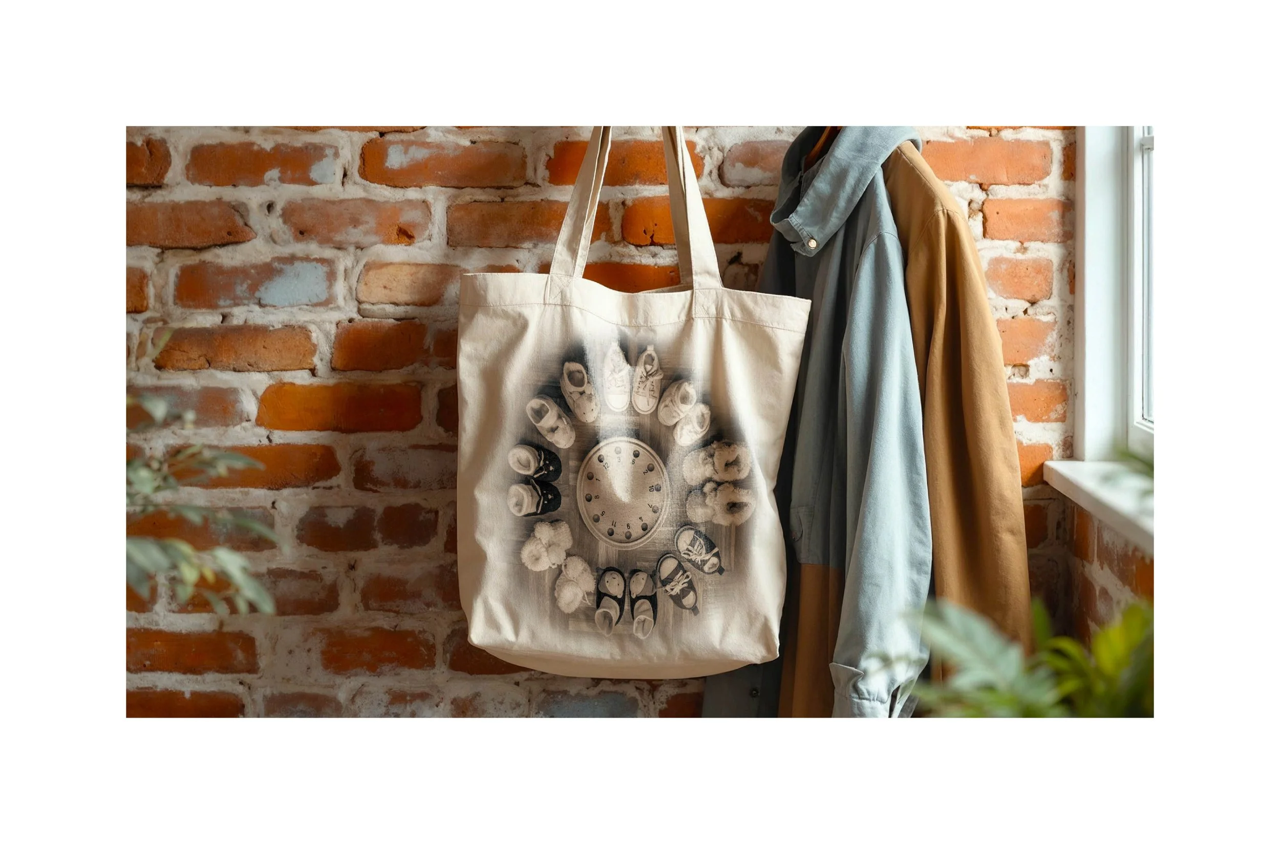 Doppelseite vom Portfolio. Ein Mockup von einer Fotografie der CHILDHOOD MEMORIES Projekts, der Inhaberin von SPIRIT ANIMAL. Es zeigt eine weiße Tasche mit einer Fotografie der CHILDHOOD MEMORIES-Reihe, neben einer Jacke, die an einem Haken hängt.