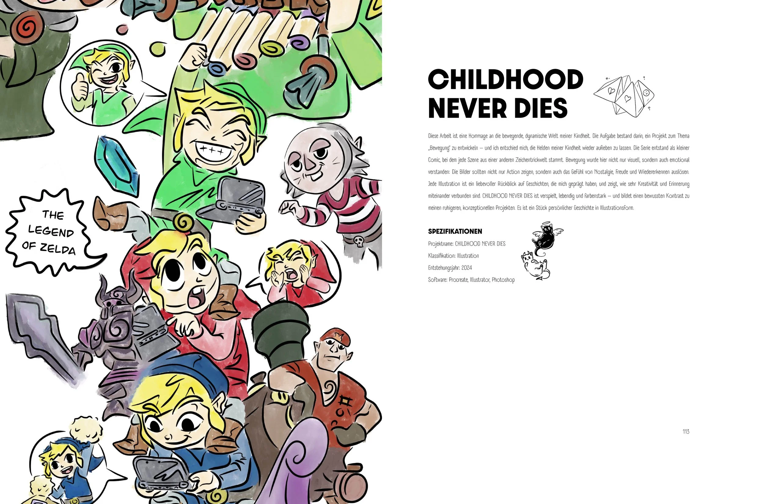 Doppelseite vom Portfolio. In ihrem Abschlussprojekt für die OfG-Illustrator-Masterclass hat Alessandra Venetz ihre Kindheit in Szene gesetzt: In einem dynamischen Comic bringt sie die Helden ihrer Jugend in einzelnen Panels lebendig auf das Papier.