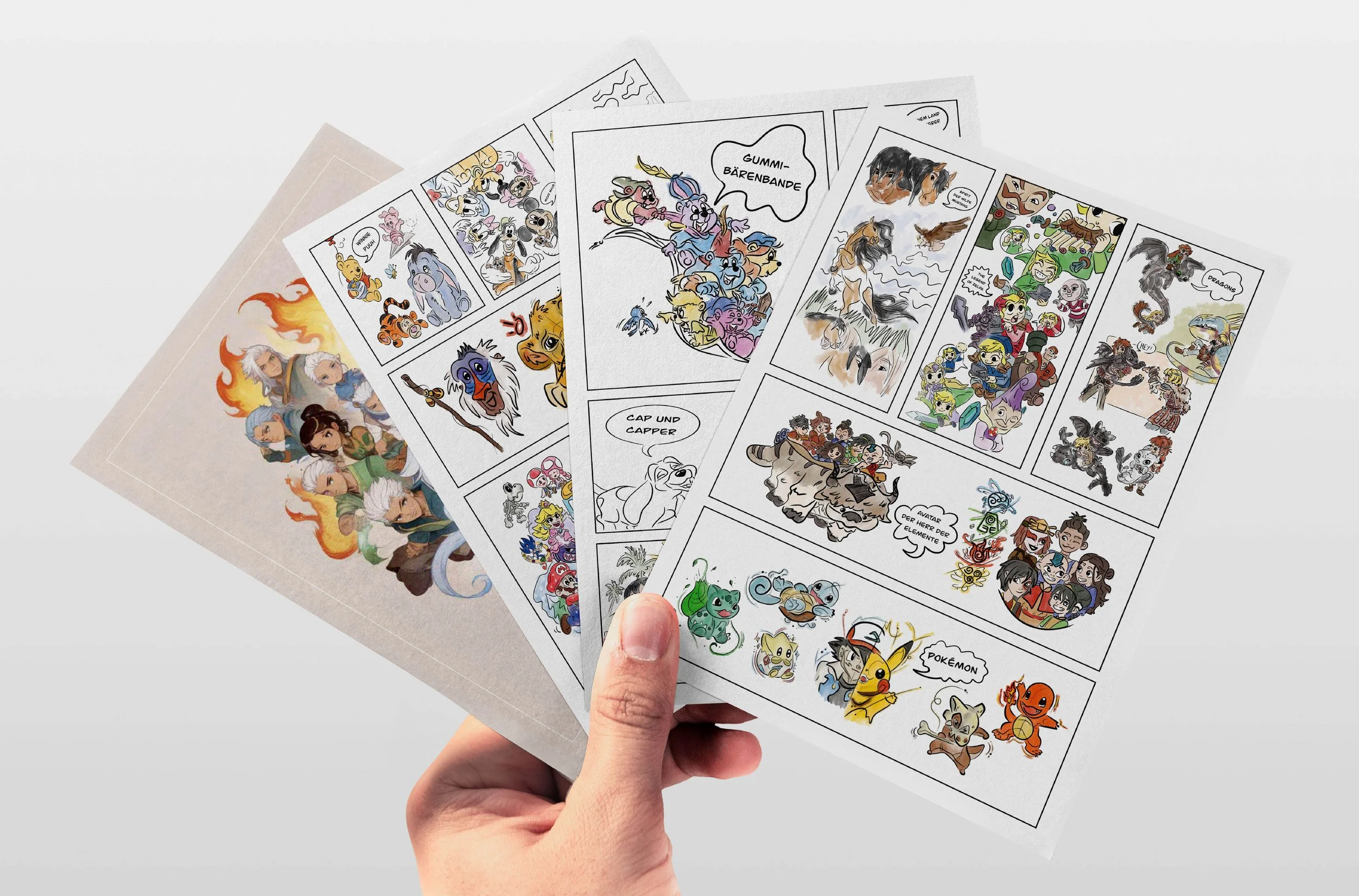 Doppelseite vom Portfolio. Ein Mockup der Seiten des Comics aller Illustrationen der Inhaberin von SPIRIT ANIMAL, von verschiedenen Videospiel- und TV-Charakteren. Teil des CHILDHOOD NEVER DIES Projekt.