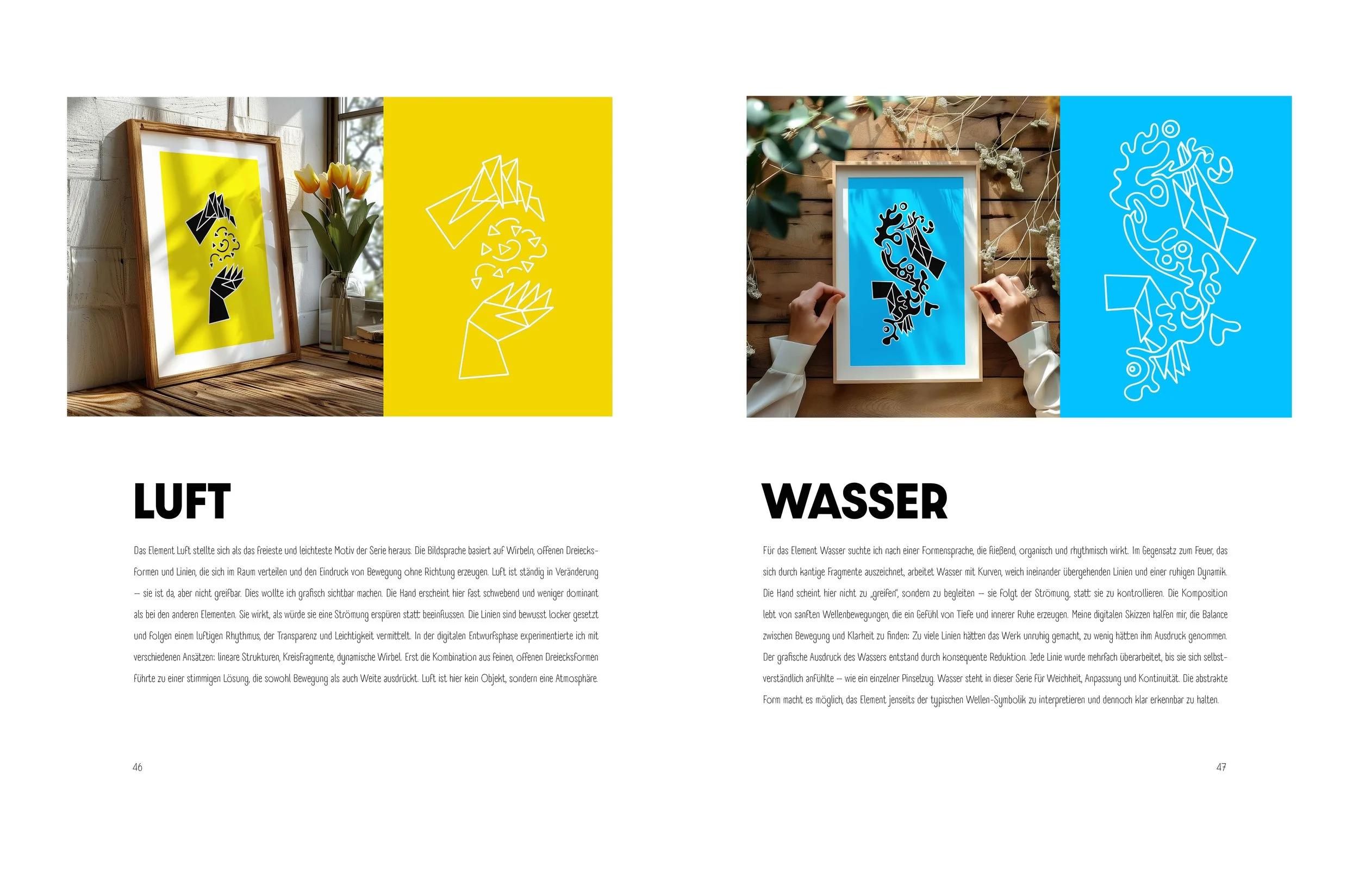 Doppelseite vom Portfolio. Collagen von den Elementen Luft und Wasser, jeweils mit kurzem Beschrieb. Projekt: THE FOUR ELEMENTS Projekt der Inhaberin von SPIRIT ANIMAL.