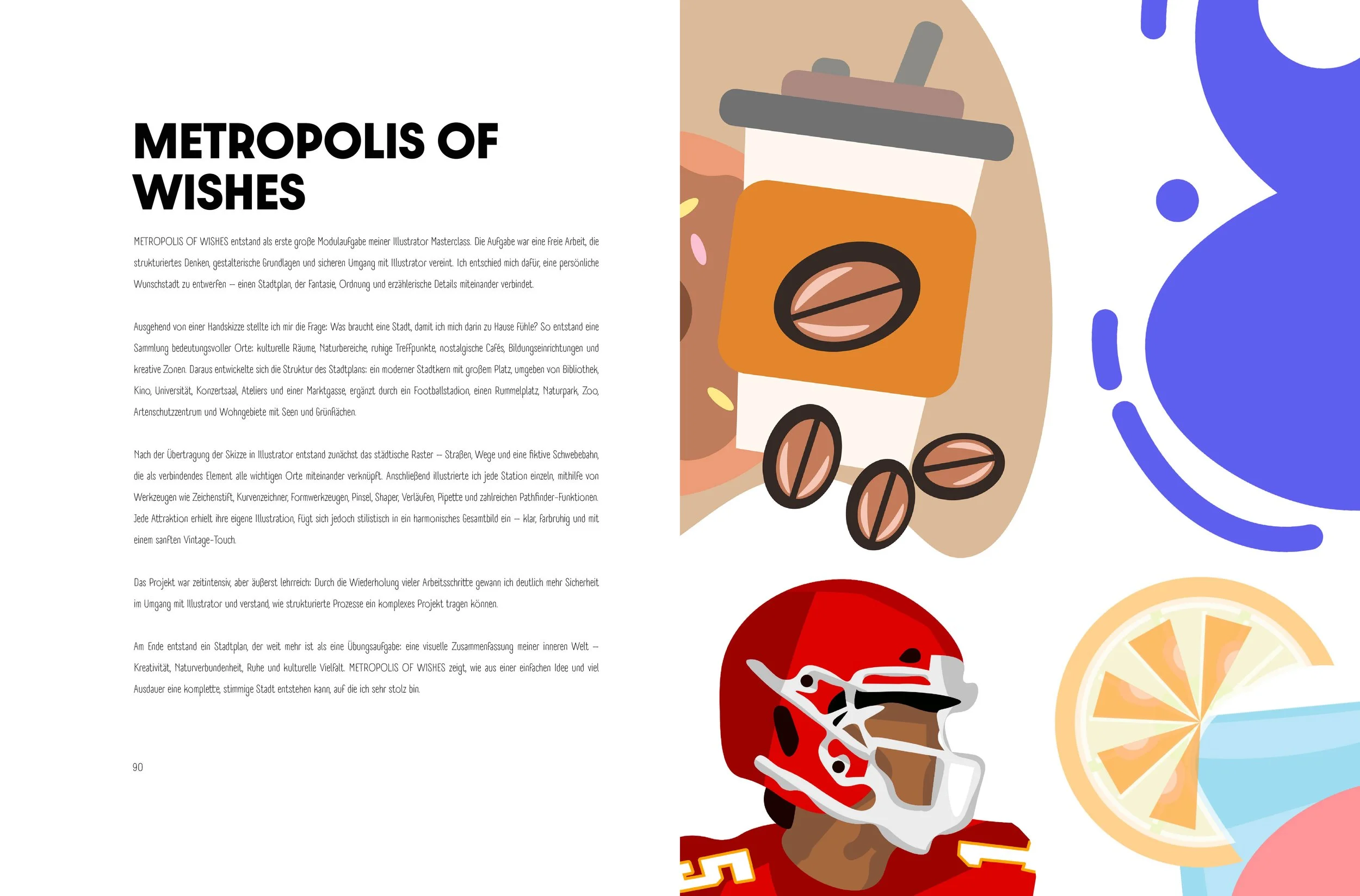 Doppelseite Portfolio. Links einen Text über das METROPOLIS OF WHISHES Projekt der Inhaberin von SPIRIT ANIMAL. Rechts vier verschiedene Illustrationen von SPIRIT ANIMAL von dem Projekt.