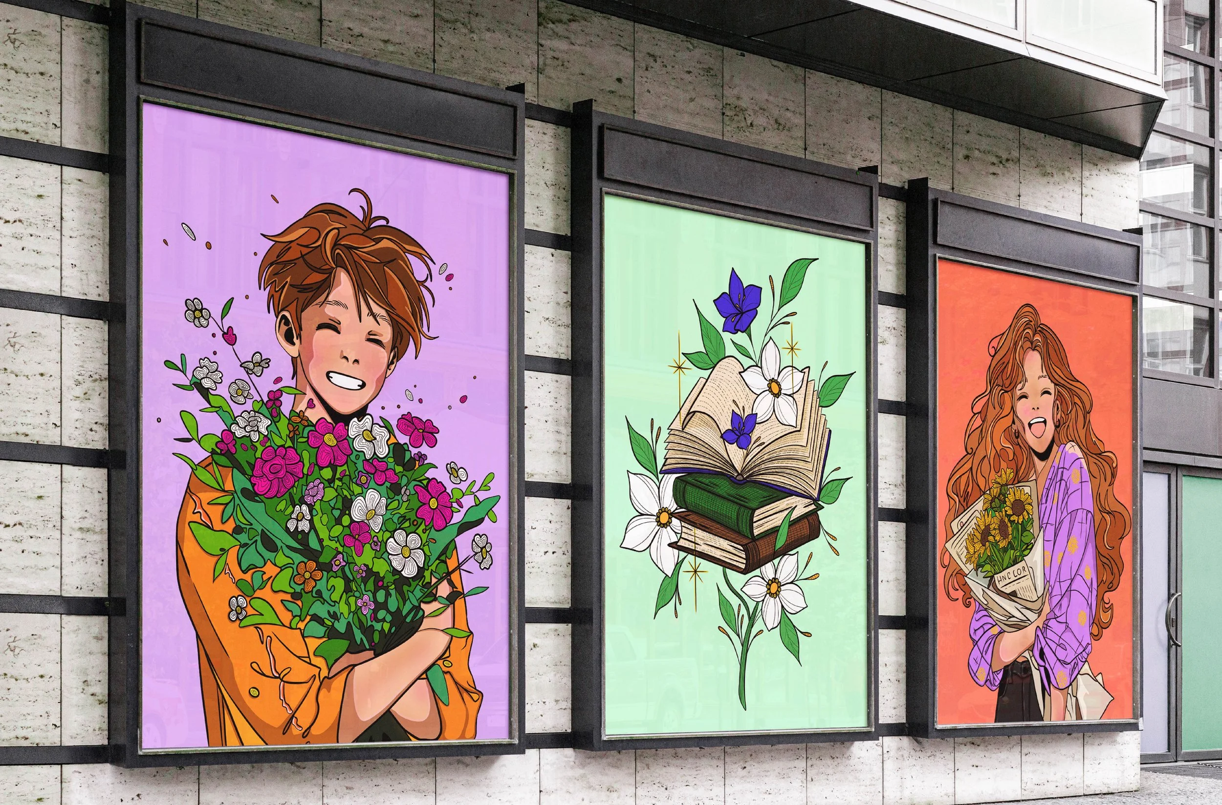 Doppelseite vom Portfolio. Ein Mockup von drei bunten Wandbildern mit den Buchillustrationen von der Inhaberin von SPIRIT ANIMAL, an der Außenwand eines Gebäudes. Teil des THE MOMENT I LOST YOU Projekt.