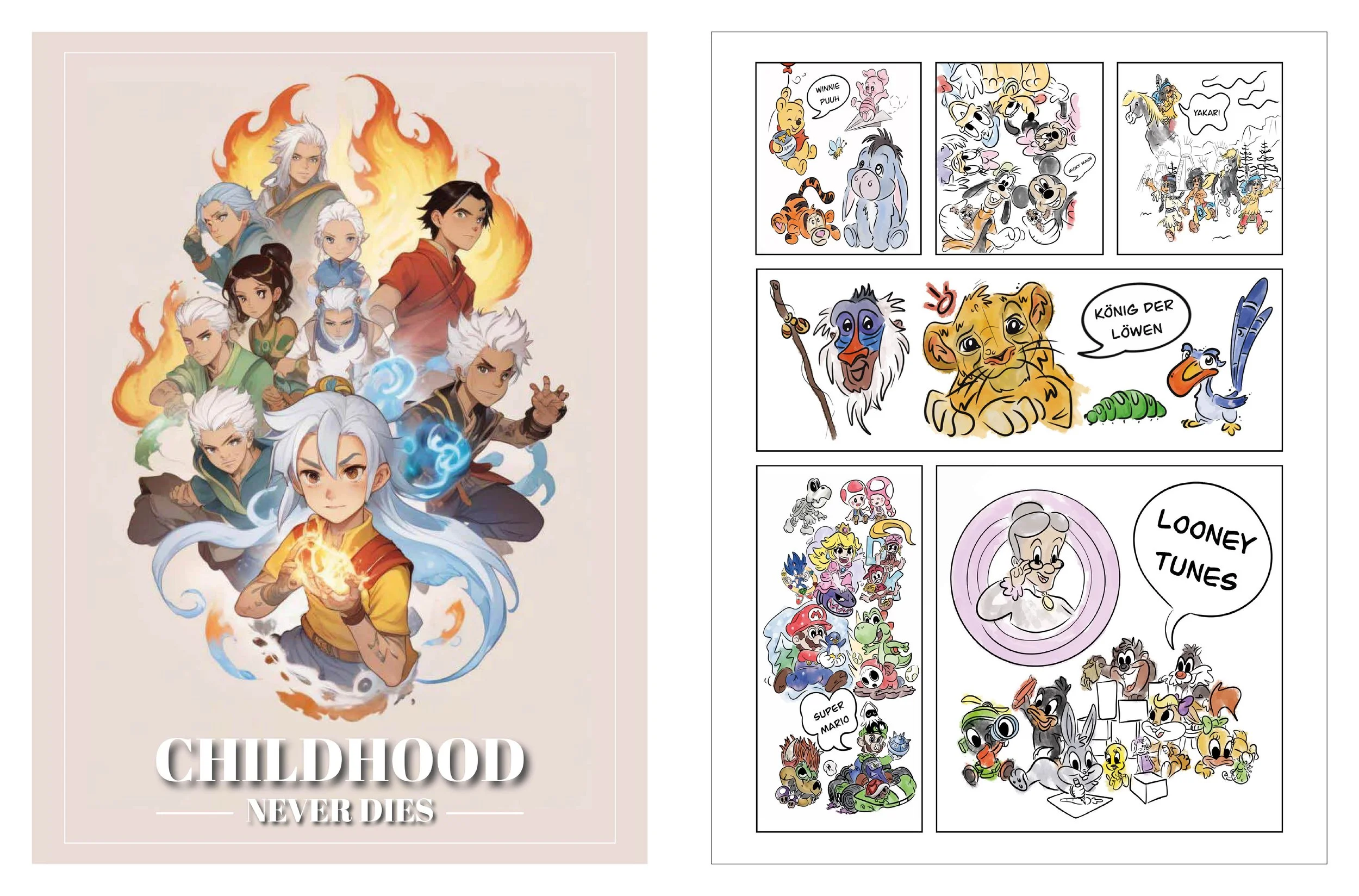 Doppelseite vom Portfolio. Abschlussprojekt des CHILDHOOD NEVER DIES Projekts, in Form eines Comics. Mit Illustrationen von der Inhaberin von SPIRIT ANIMAL, von verschiedenen Videospiel- und TV-Charakteren. 