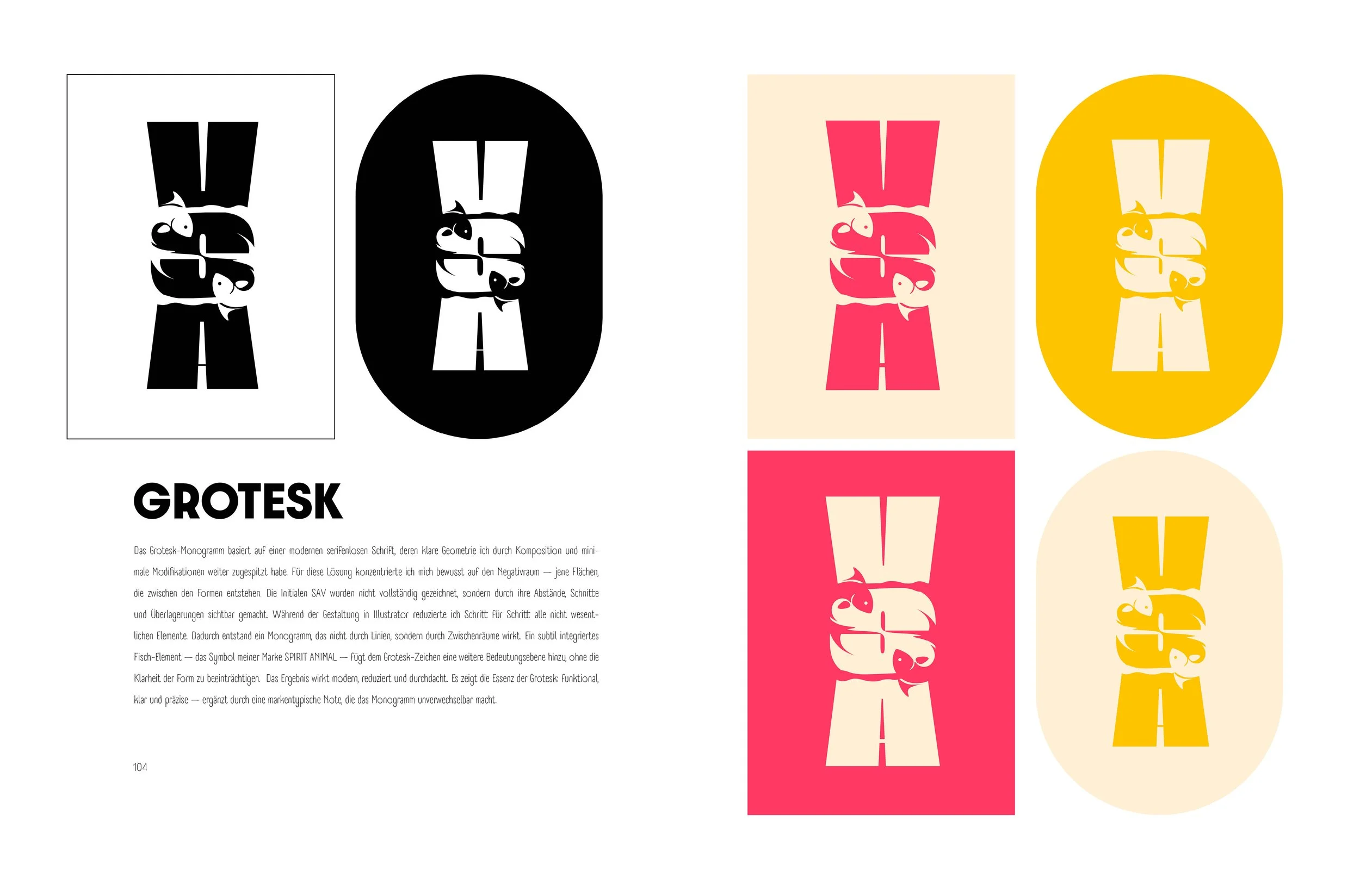 Doppelseite vom Portfolio. Grafik mit sechs Varianten des GROTESK-MONOGRAMS, in Schwarz, Weiss, Pink, Gelb auf unterschiedlichen Hintergrundfarben, und ein Textabschnitt darüber auf der linken Seite. Typografie-Aufgabe von SPIRIT ANIMAL.